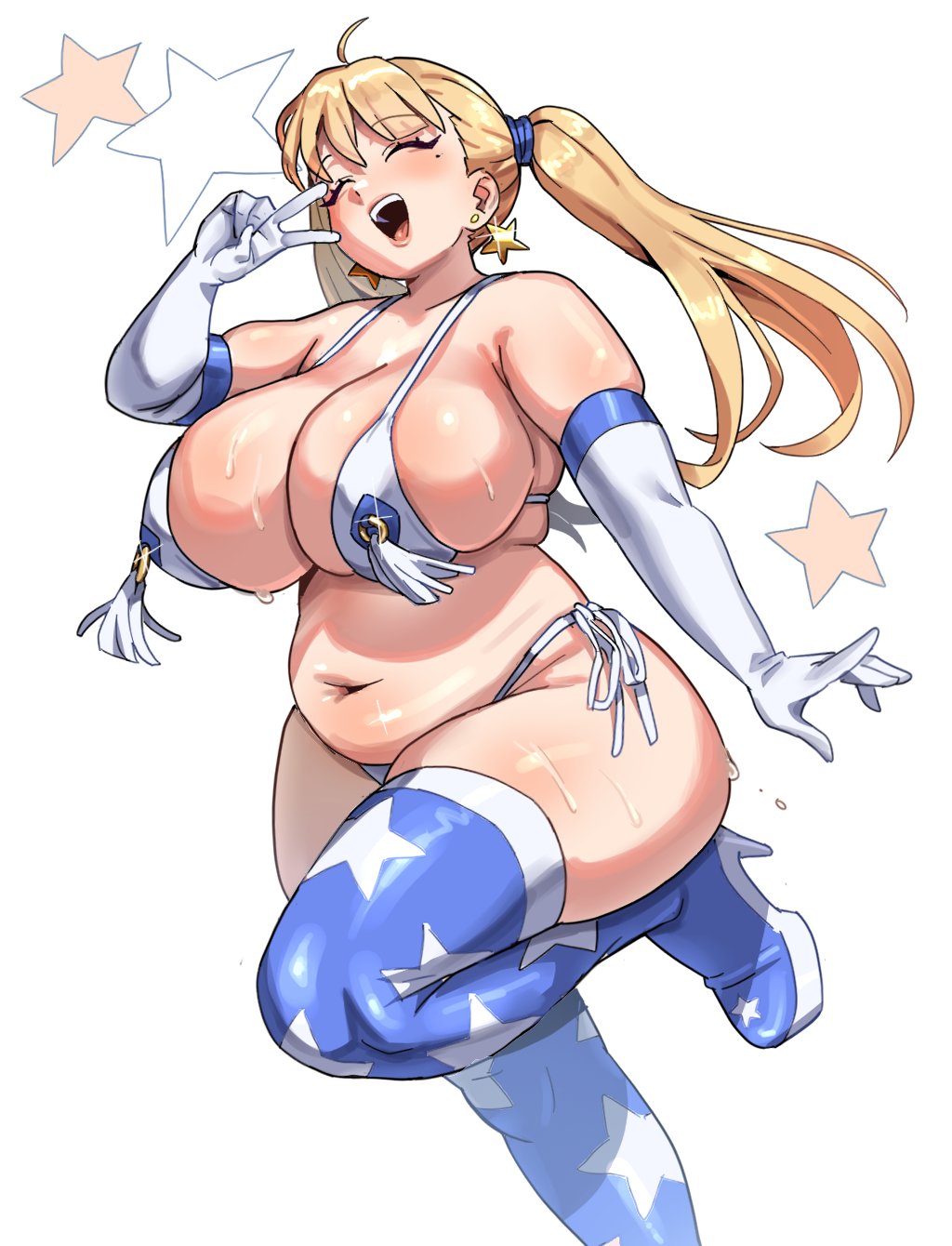 ahoge, bikini, blonde hair, blue boots, blue trim, blush, boots, breasts, closed eyes, commentary, earrings, elbow gloves, english commentary, female, foot out of frame, gloves, gold earrings, hand up, high heel boots, high heels, highres, huge breasts, jewelry, kharon, kharonnsfw, kharuart, knee up, long hair, micro bikini, mole, mole under eye, navel, open mouth, original, plump, side-tie bikini bottom, simple background, skindentation, smile, solo, standing, standing on one leg, star (symbol), star earrings, star print, stomach, sweat, swimsuit, tassel, teeth, thigh boots, twintails, upper teeth only, v, white background, white bikini, white gloves, white trim