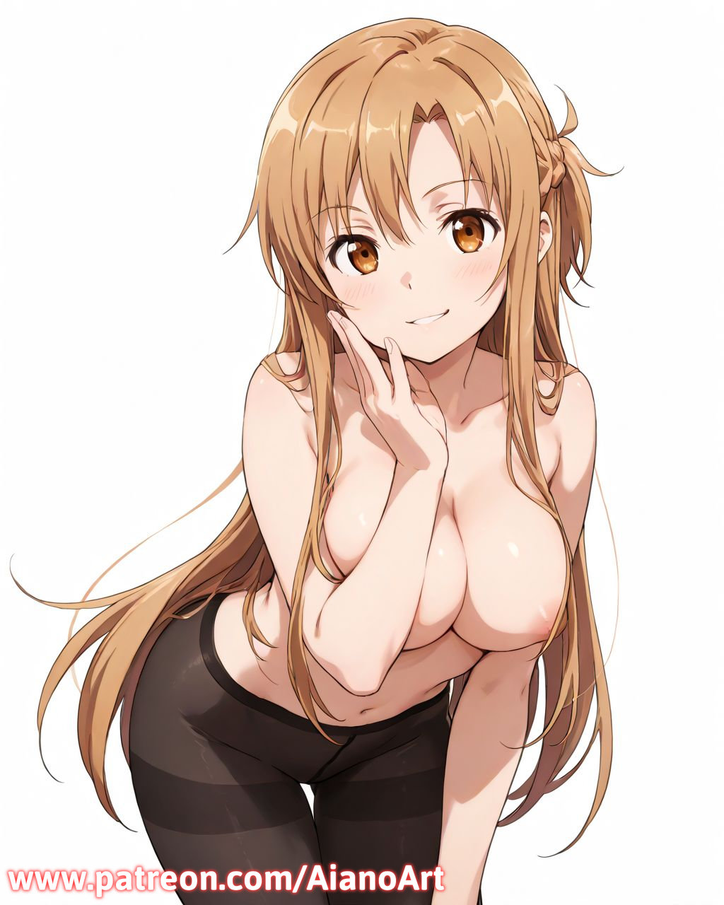 ai generated, aianoart, areolae, artist name, bangs, bare shoulders, bent over, black legwear, blush, braid, breasts, brown eyes, brown hair, cleavage, collarbone, company name, copyright name, cowboy shot, eyebrows visible through hair, female, hair between eyes, hanging breasts, large breasts, leaning forward, long hair, looking at viewer, medium breasts, navel, nipples, nude, panties, pantyhose, patreon logo, patreon username, sidelocks, simple background, smile, solo, standing, stomach, sword art online, teeth, thigh gap, underwear, very long hair, watermark, web address, white background, yuuki asuna