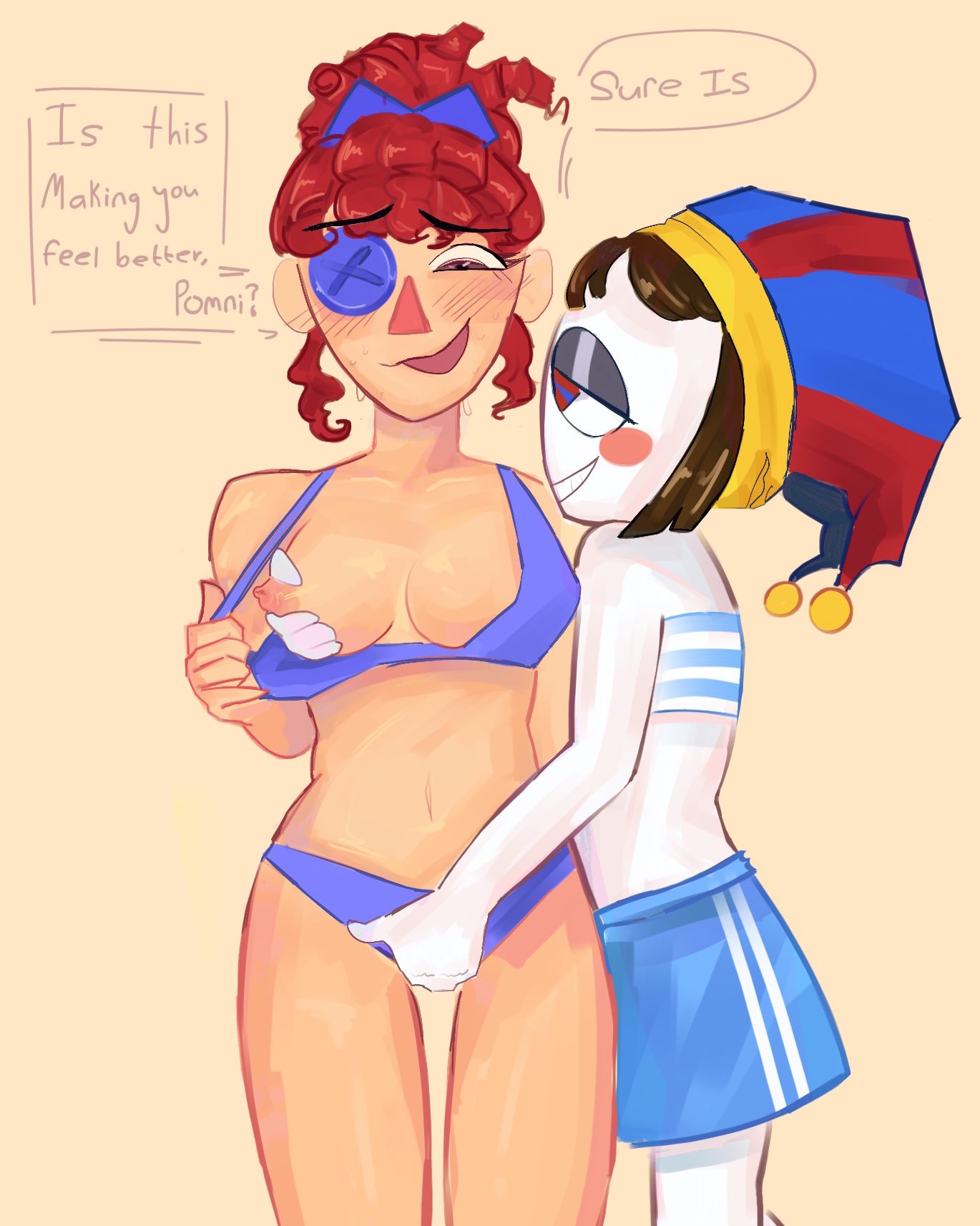 2girls, blush, breasts, breasts out, cupidpods, glitch productions, groping, groping breasts, groping through clothes, large breasts, pomni (beach outfit), pomni (the amazing digital circus), ragatha (the amazing digital circus), swimsuit, the amazing digital circus, yuri