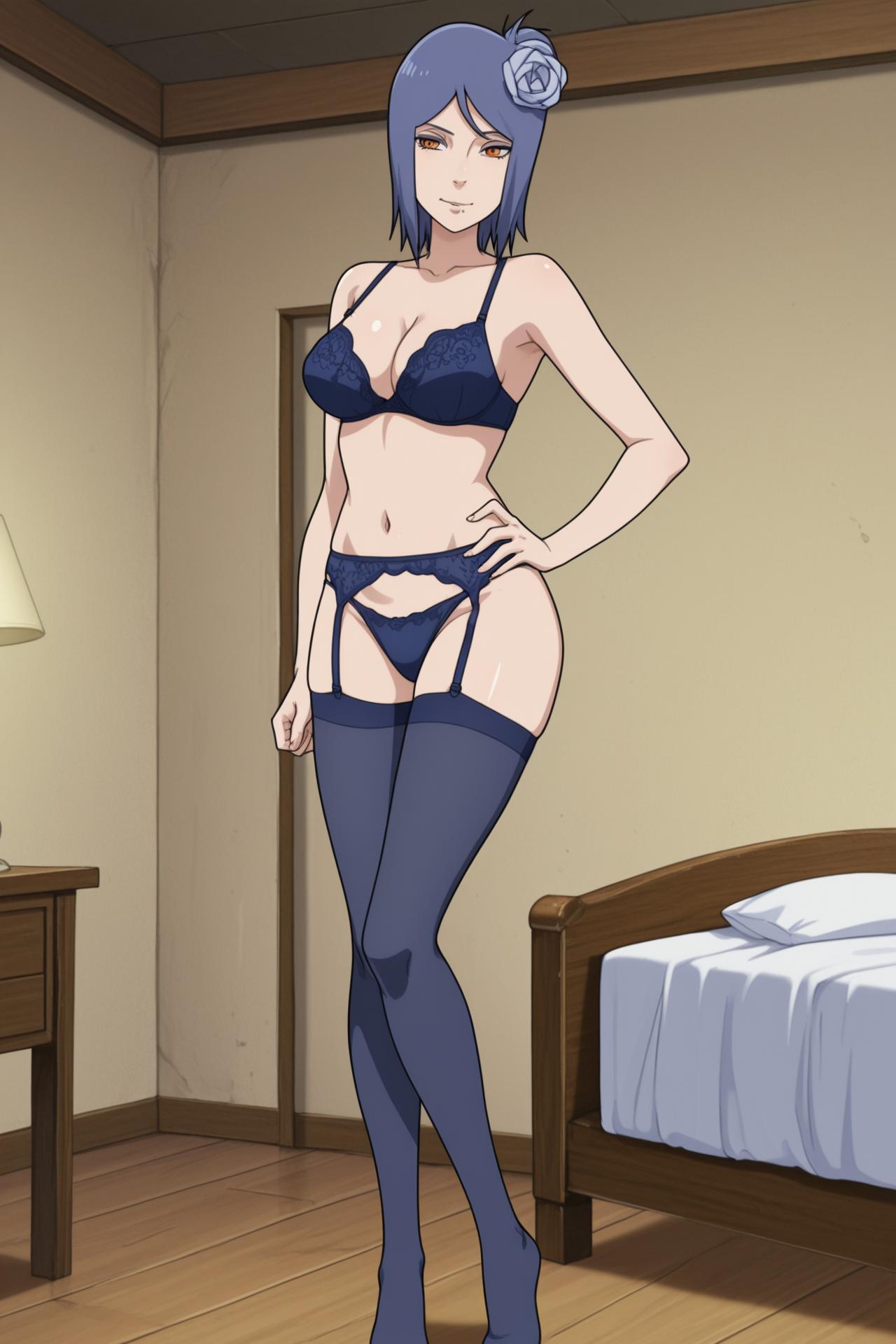 1girls, accurate art style, accurate body type, accurate proportions, ai generated, alluring, bed, bedroom, blue hair, blue lingerie, bra, chin piercing, garter belt, garter straps, hand on hip, konan, kuro-ai, lingerie, naruto, naruto (series), naruto shippuden, orange eyes, piercing, seductive, seductive look, smile, solo, thighhighs, thong