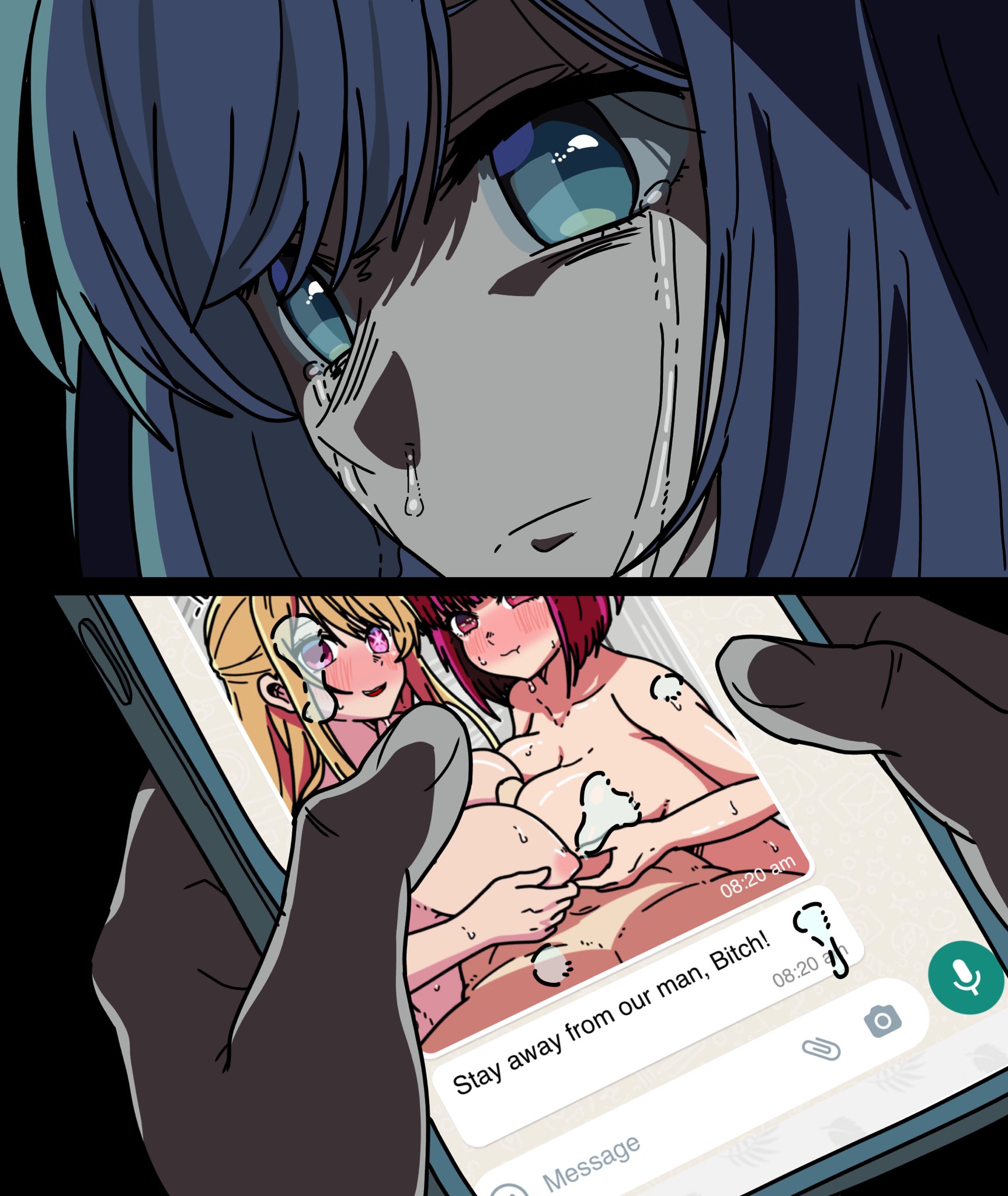 1boy, 2girls, 3girls, apoelayoshi7, arima kana, bangs, big breasts, blonde hair, blush, blushing, breasts, brother, brother and sister, double paizuri, female, hoshino aquamarine, hoshino ruby, incest, kurokawa akane, long hair, male, oshi no ko, paizuri, phone, pink eyes, pout, pouting, red eyes, red hair, sibilings, sister, swear, sweat, sweatdrop, sweating, tears, teenage female, teenage male, teenager, teenager on teenager