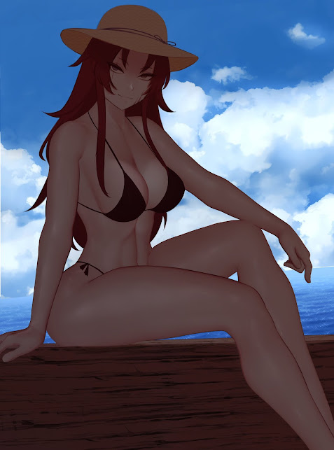 belly, bikini, blue sky, breasts, clouds, female, gebura (lobotomy corporation), grey eyes, hat, lobotomy corporation, looking at viewer, project moon, red hair, scar, scars, shiny skin, yellow eyes