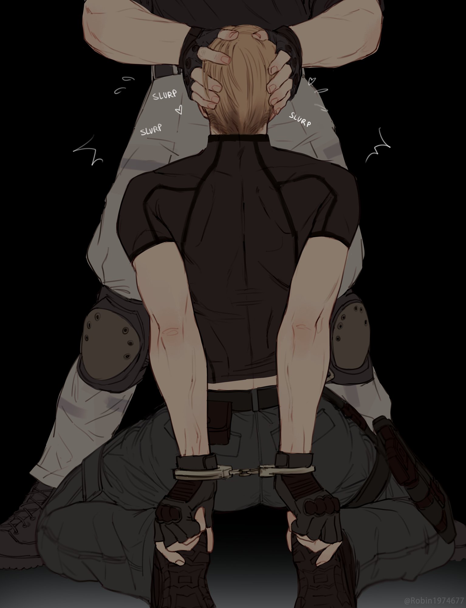 2boys, 2d, 2d (artwork), all the way to the base, ass, ass focus, big ass, big ass (male), big butt, big butt (male), biohazard, blonde hair, blonde-haired male, blowjob, blowjob face, bondage, bound, capcom, clothed, clothed male, clothed sex, cock hungry, cock worship, deep blowjob, deep penetration, deepthroat, dominant, dominant male, domination, english, english text, face fucking, facefuck, faceless, faceless male, fellatio, forced oral, forced yaoi, gagging, gagging on penis, gay, gay sex, hand on head, handcuffed, handcuffed male, handcuffs, hands behind head, hi res, high resolution, highres, implied fellatio, implied oral, implied sex, implied sex from between legs, jack krauser, kneeling, kneeling oral position, kneeling/standing, leon scott kennedy, light skin, light-skinned male, male, male only, male penetrated, male penetrating, male penetrating male, male rape victim, male/male, maledom, malesub, masculine, masculine male, mouth full of cock, muscular, muscular ass, muscular back, muscular male, nonconsensual, oral, oral penetration, oral sex, penis, penis in mouth, rape, resident evil, resident evil 4, resident evil 4 remake, robinberz, rough oral, rough sex, seductive, seductive pose, sloppy, sloppy blowjob, sloppy deepthroat, slurp, slurping, standing, standing sex, submissive, submissive male, sucking, sucking penis, text, throat fuck, tied, tied hands, tied up, video game character, video games, yaoi