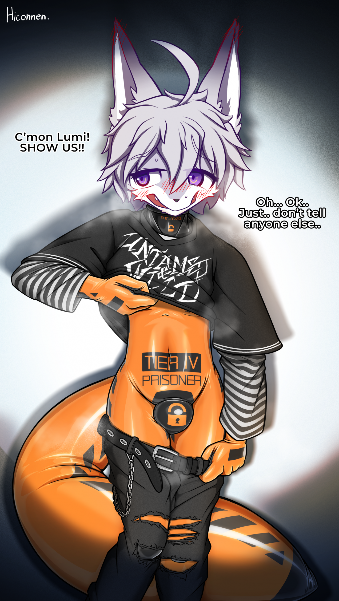 absurd res, anthro, big tail, bulge, bulge through clothing, bulge under clothes, canid, canine, clothing, embarrassed, english text, femboy, fox, hi res, hiconnen, latex, latex clothing, latex skinsuit, lifting shirt, lumi (silverlumi), male, mammal, null bulge, orgasm denial, prison, prison uniform, prisoner, skinsuit, solo, tail, text, tight clothing