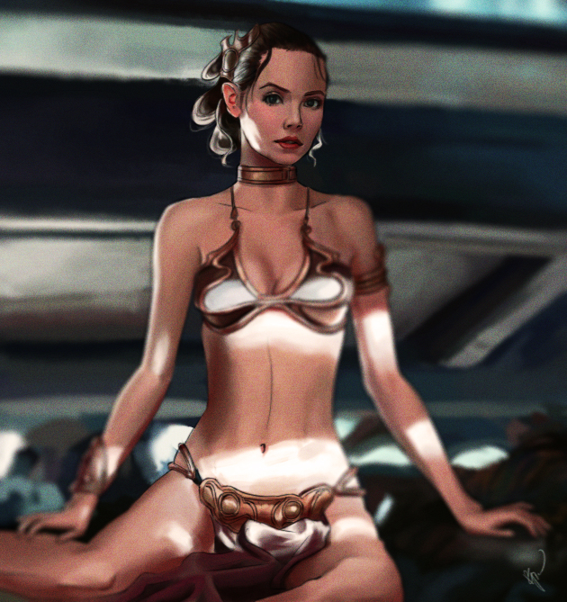 1girls, armlet, bikini, bracelet, brown hair, cleavage, female, lipstick, metal bikini, navel, perronegro300, rey, slave bikini, star wars, the force awakens