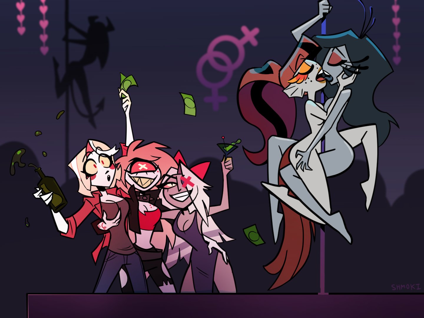 2d artwork, charlie morningstar (hazbin hotel), cherri bomb, clothed female, colored, exhibitionism, french kiss, goldie (hazbin hotel), happy, happy female, hazbin hotel, hellaverse, kissing, lesbian, lesbian kiss, lesbians, nude, nude female, pole dancing, salina (hazbin hotel), shmoki, strip club, stripper, stripper pole, twitter, vaggi (hazbin hotel), vaggie (hazbin hotel), yuri