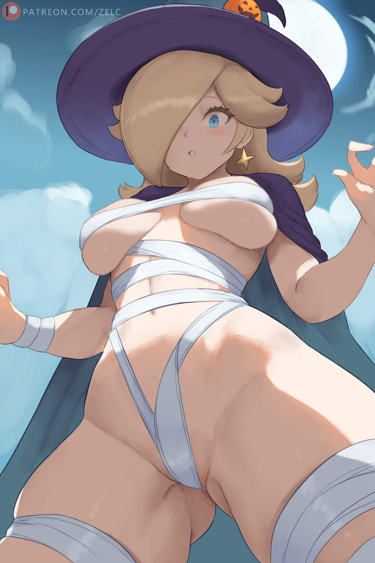 1girls, adapted costume, ai generated, areola slip, areolae, ass visible through thighs, bandages, big breasts, blonde hair, blue dress, blue eyes, blue eyeshadow, blue skin, breasts, cape, cleavage, clothing, cosmic spirit, crown, dark-, earrings, english commentary, eyeshadow, female, female focus, female only, from below, functionally nude, functionally nude female, hair, hair over eyes, hair over one eye, halloween, halloween costume, hands on breasts, hat, headwear, highres, hips, jewelry, large breasts, long hair, looking down, mario (series), mario kart, mario kart tour, moon, mummy, mummy costume, mummy wrappings, navel, nintendo, outdoors, patreon logo, princess, princess rosalina, princess rosalina (halloween), pumpkin, pussy, rosalina, rosalina (halloween), solo, steam, steaming body, steamy, steamy breath, super mario galaxy, sweat, sweatdrop, t, thick lips, thighs, underboob, vagina, vampire costume, watermark, white hair, wide hips, witch hat, zelc-face