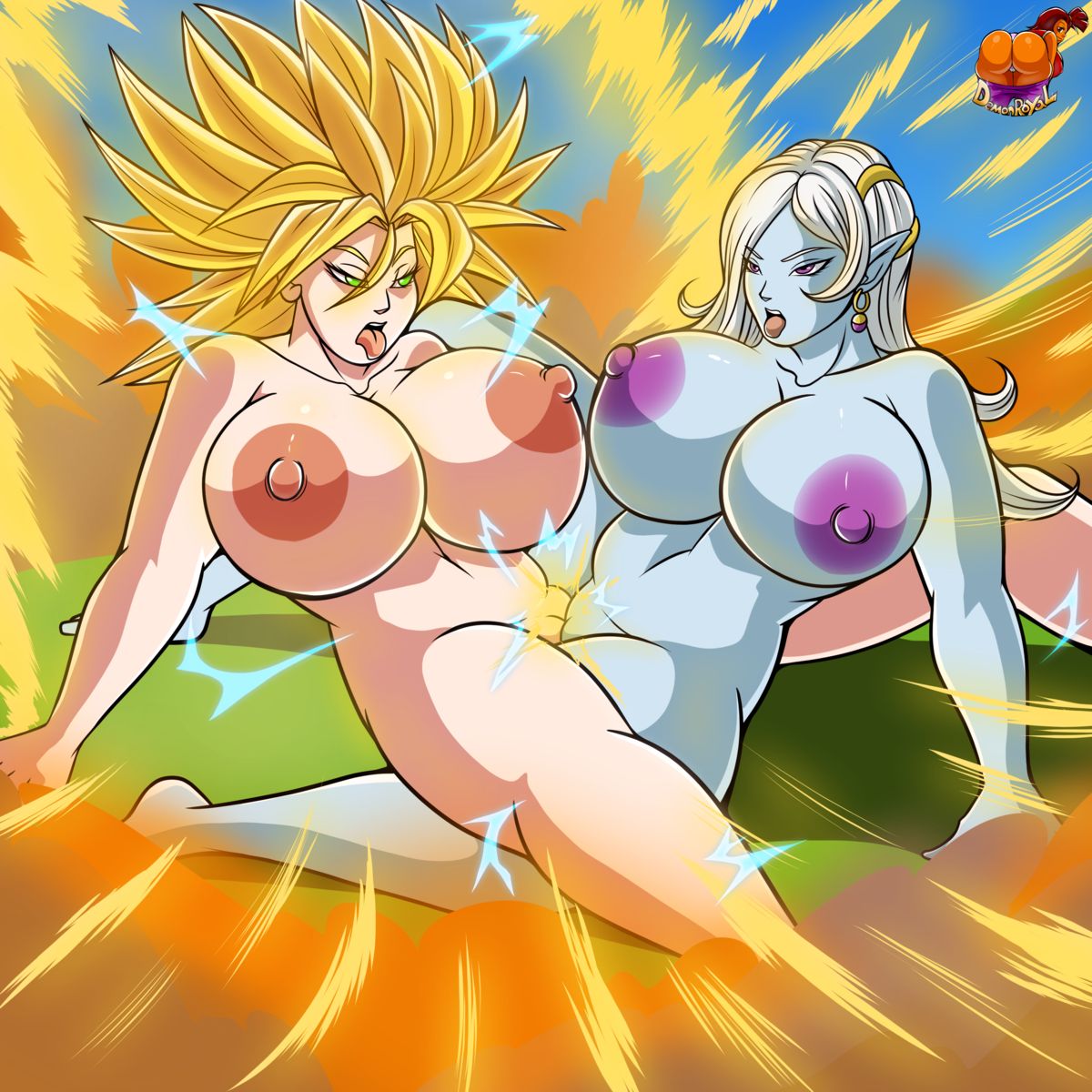 1girls 2girls aura barefoot big_breasts blue_skin demon_girl demonroyal dragon_ball dragon_ball_xenoverse electricity female huge_ass huge_breasts humanoid interspecies light-skinned_female light_skin long_hair multiple_girls muscular_female original_character pointy_ears purple_nipples saiyan super_saiyan super_saiyan_2 thick_thighs towa tribadism xenoverse_protagonist yuri