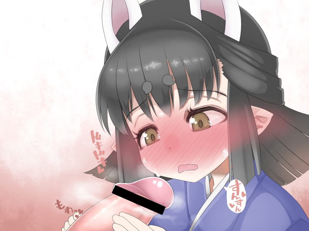 animal_ears black_hair blush brown_eyes censored eyebrows eyebrows_visible_through_hair female full-face_blush handjob hasaha irodori_(irotoridori) japanese_clothes kimono looking_at_another open_mouth penis penis_awe pointy_ears short_eyebrows short_hair smelling_penis solo_focus steam summon_night summon_night_2 sweat