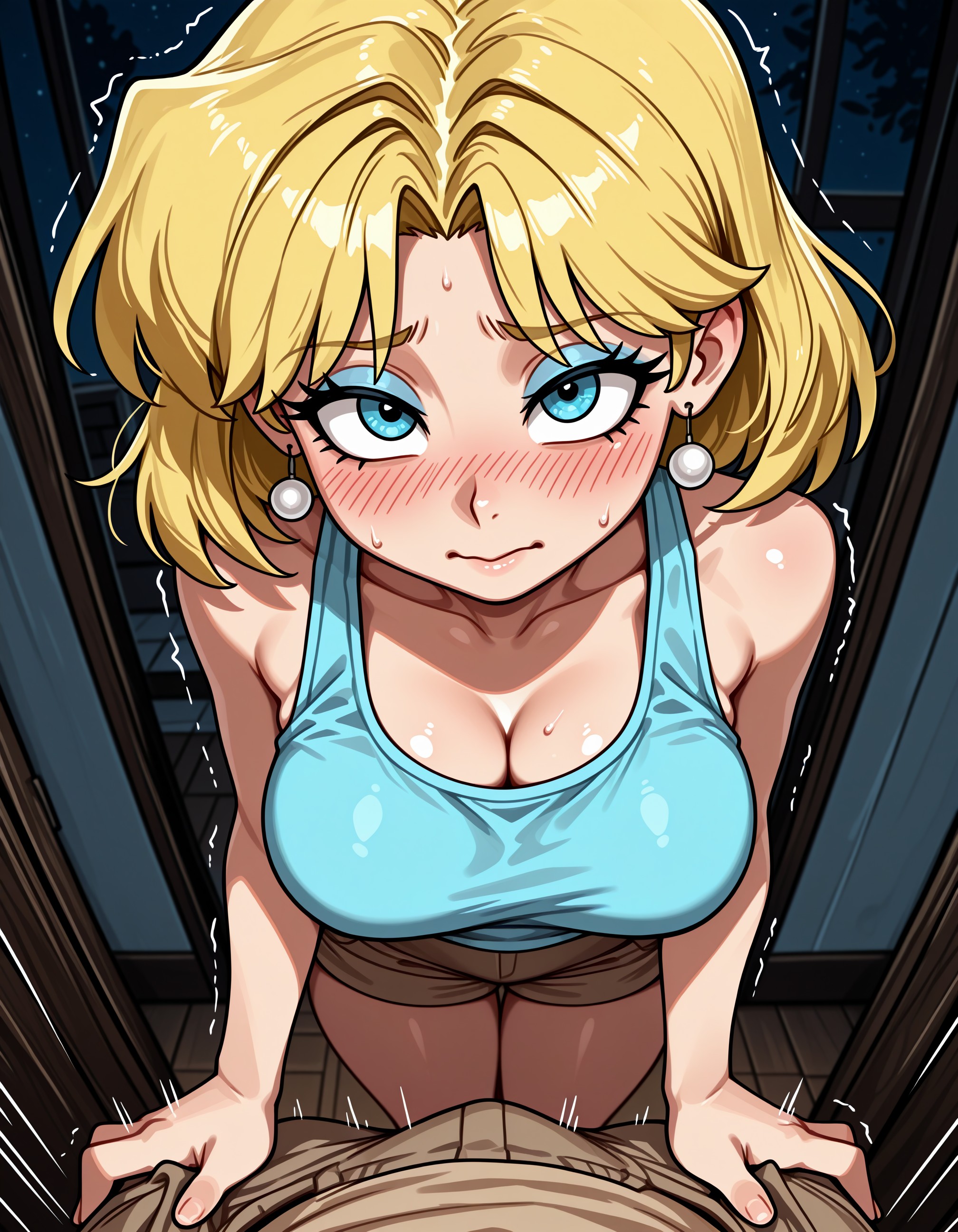 1boy, ai assisted, ai generated, bangs, bare arms, bare shoulders, blonde hair, blue eyes, blue tank top, blush, breasts, brown pants, brown shorts, bulge, clavicle, cleavage, closed mouth, clothing, collarbone, doorway, earrings, erection, eyeshadow, female, from above, indoors, jewelry, jousneystudio, large breasts, looking at viewer, lori loud, makeup, male, motion lines, nickelodeon, nose blush, pov crotch, pov doorway, short hair, short shorts, shorts, solo focus, straight, sweat, tank top, the loud house, trembling