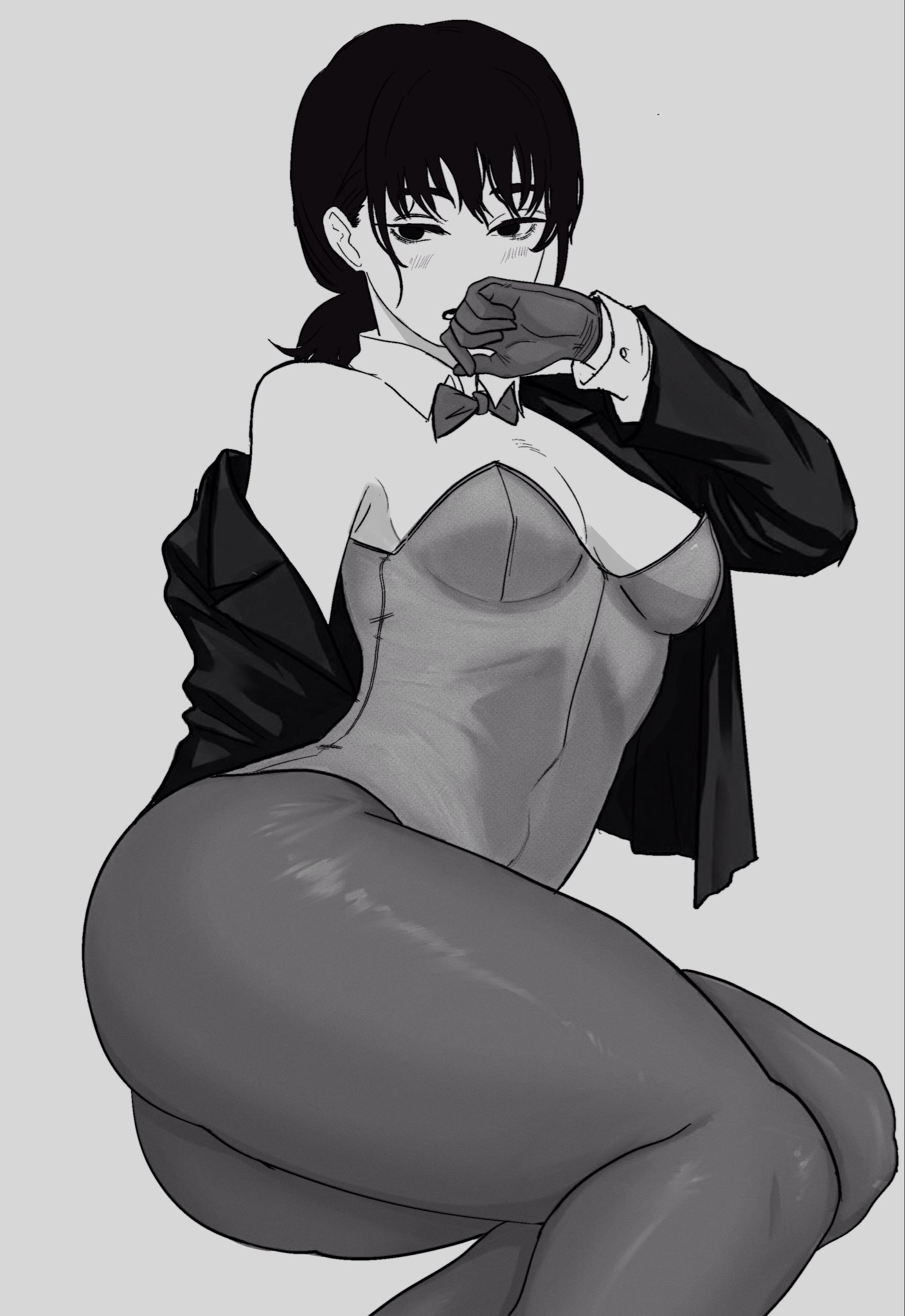 1girls, big ass, big thighs, blush, blushing, bottom heavy, breasts, bunnysuit, chainsaw man, cleavage, collar, female, female only, gloves, hourglass figure, huge ass, huge thighs, large ass, large thighs, leotard, looking back, lying, mitaka asa, monochrome, pantyhose, slim waist, small breasts, solo, solo female, solo focus, thick, thick ass, thick thighs, thighs, wide hips