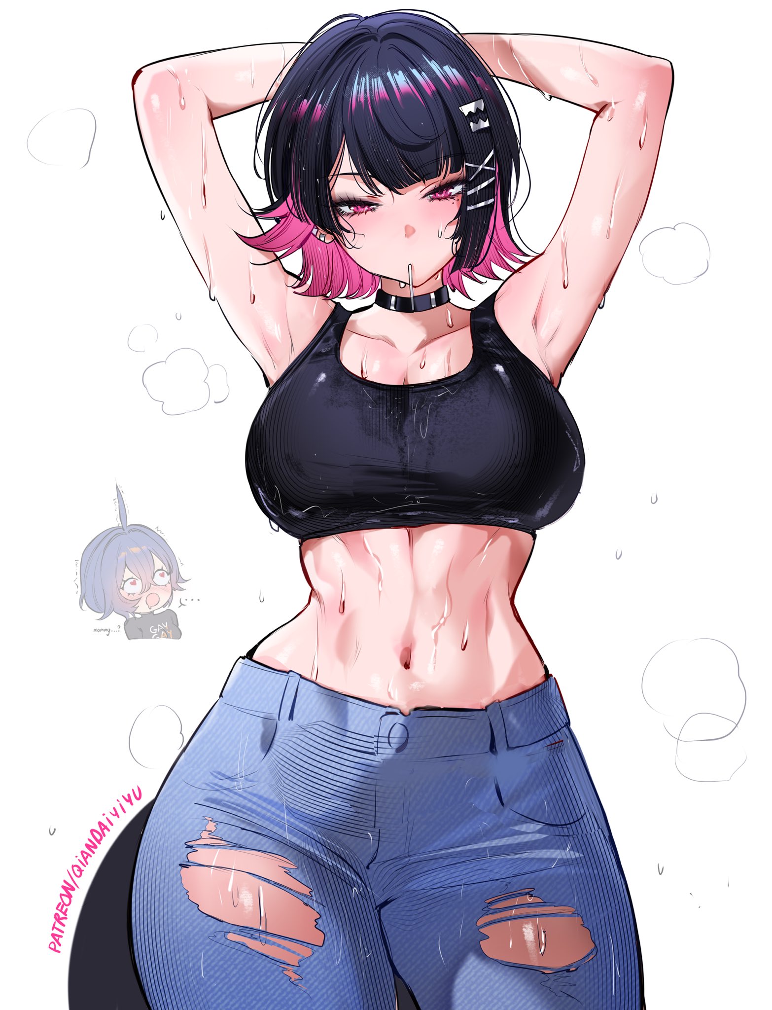 1girls, armpits, ass, big ass, big breasts, big thighs, black hair, breasts, ellen joe, female, huge ass, huge thighs, jeans, looking at viewer, multicolored hair, pink hair, qiandaiyiyu, shark, shark girl, shark tail, sharp teeth, sweat, sweatdrop, sweating, sweaty, sweaty body, tank top, thick thighs, thighs, wet, wet body, wet skin, white background, zenless zone zero