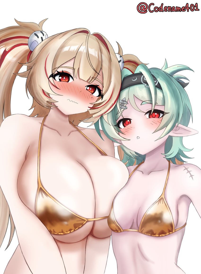 2girls, absurdres, bare shoulders, bikini, black hairband, blonde hair, blush, breast press, breasts, claret (zenless zone zero), claret flint, closed mouth, collarbone, commentary request, embarrassed, gold bikini, green hair, hair between eyes, hair intakes, hair ornament, hair ribbon, hairband, hairclip, highres, large breasts, long hair, looking at viewer, multicolored hair, multiple girls, no eyewear, pointy ears, red eyes, red ribbon, red streaks, ribbon, roxy (zenless zone zero), roxy ifrita pryce, scar, scar on shoulder, simple background, size comparison, small breasts, sphere hair ornament, streaked hair, swimsuit, tagme, twintails, upper body, white background, zenless zone zero