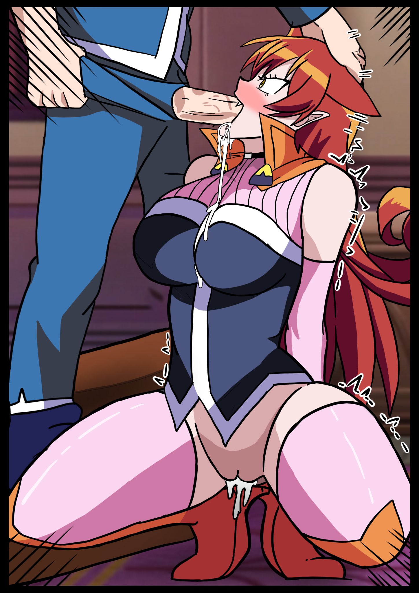 1boy, 1girls, apoelayoshi7, azazel ameri, blowjob, cock, dick, dripping, dripping pussy, fellatio, genitals, mairimashita! iruma-kun, penis, semen, squatting, suzuki iruma, thick thighs, thighs