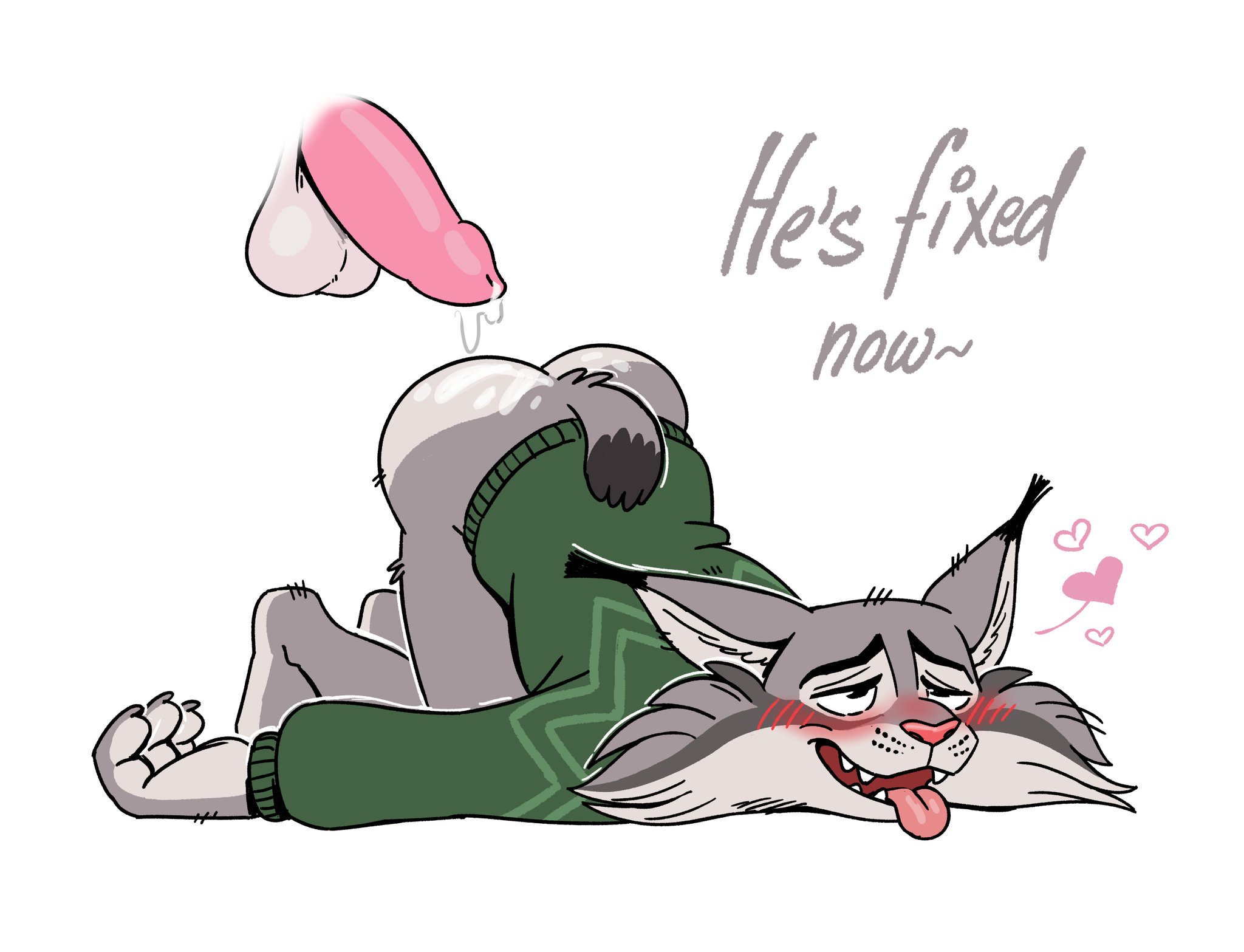 2025, 2boys, after anal, after sex, artist name, ass, ass up, ass up face down, balls, blush, bottomless, bubble butt, character name, copyright name, cum, cum on ass, disembodied penis, disney, english text, face down ass up, faceless male, felid, feline, flaccid, fur, gay, looking pleasured, lynx, male, male only, male/male, mammal, nik159, pawbert lynxley, penis, solo focus, tail, testicles, text, url, zootopia, zootopia 2