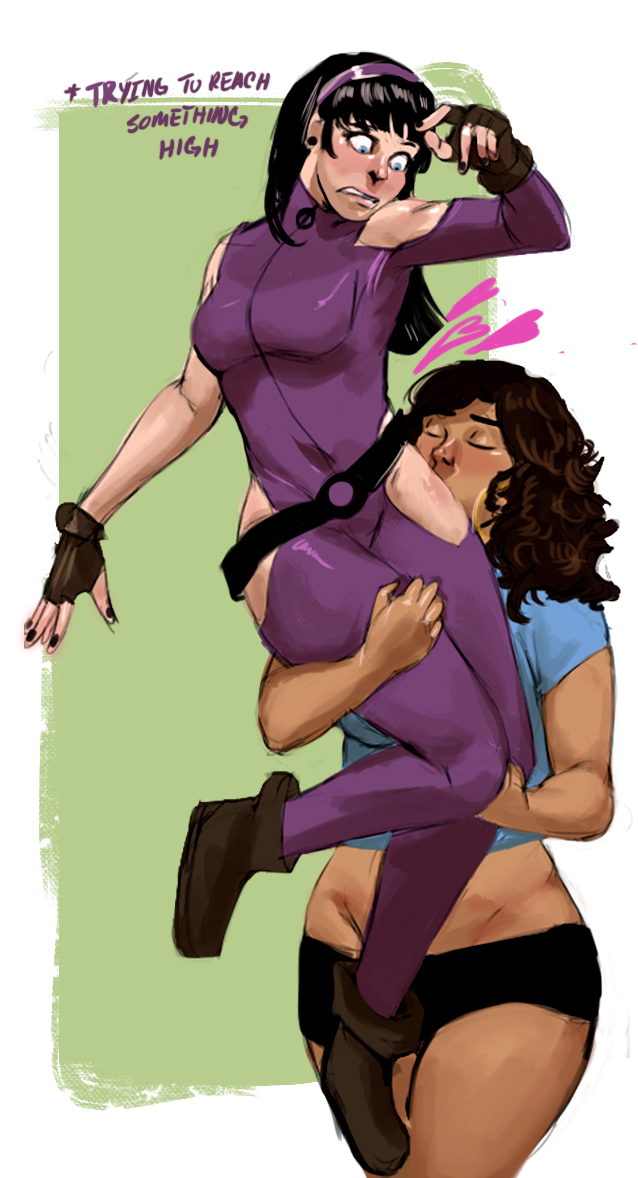 2girls america_chavez black_hair blue_eyes bodysuit boots brown_hair brown_skin brunette closed_eyes clothed clothed_female clothes clothing curly_hair dark-skinned_female dark_hair dark_skin earrings female female_only fully_clothed gloves hawkeye headband holding hoop_earrings human human_only interracial interracial_yuri kate_bishop kissing latina light-skinned_female light_skin long_hair marvel miss_america_chavez multiple_girls panties redblacktac superheroine young_avengers yuri