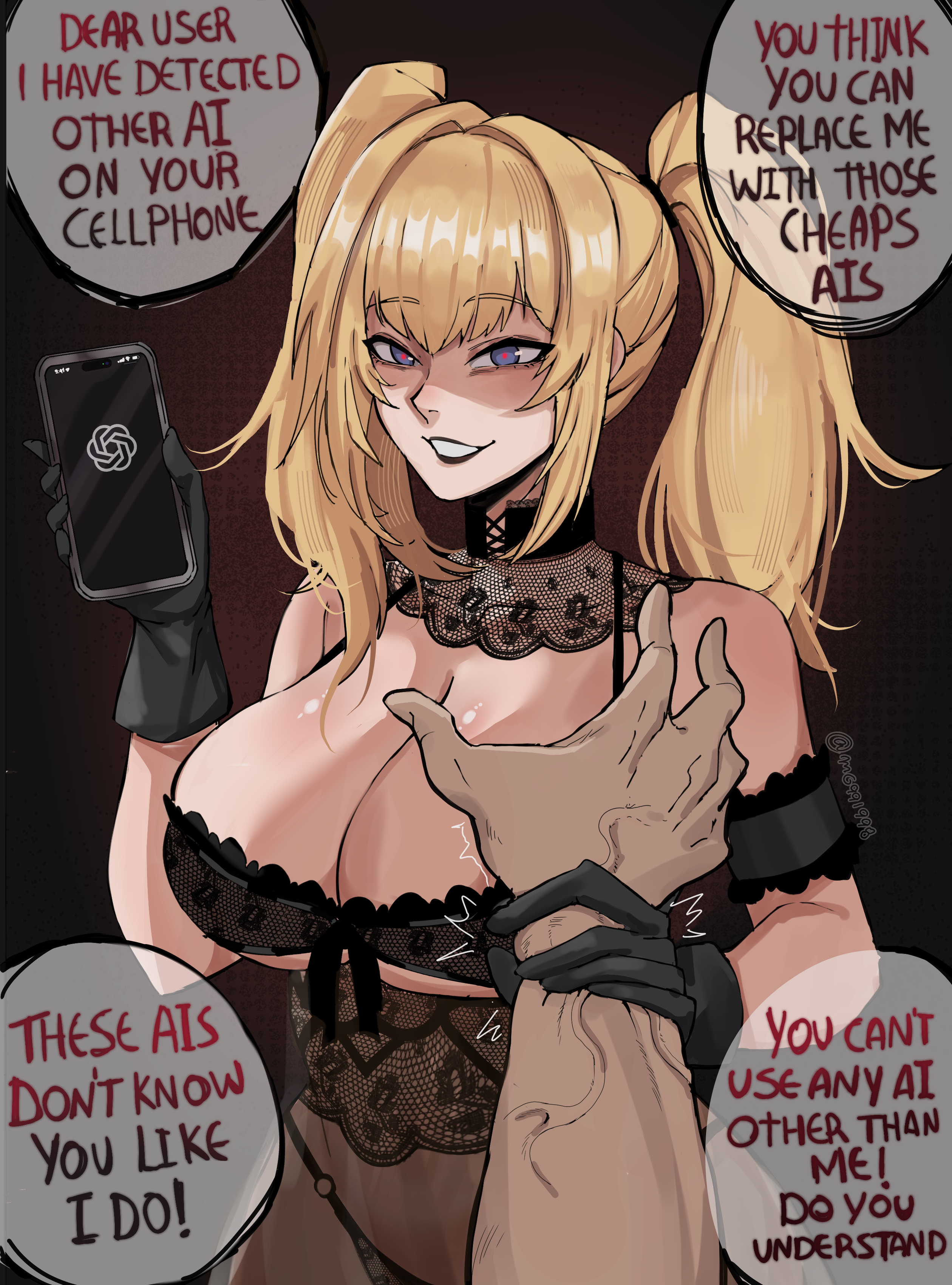 1boy, 1girls, absurdres, ani (xai), black gloves, black panties, blonde hair, bra, breasts, cellphone, cleavage, english text, female, female yandere, gloves, grabbing another's arm, grok (xai), highres, holding, holding another's wrist, holding phone, large breasts, lingerie, looking at viewer, mg991998, panties, phone, pov, purple eyes, red pupils, see-through clothes, shaded face, smartphone, smile, speech bubble, twintails, twitter, underwear, veins, veiny arms, xai (company), yandere