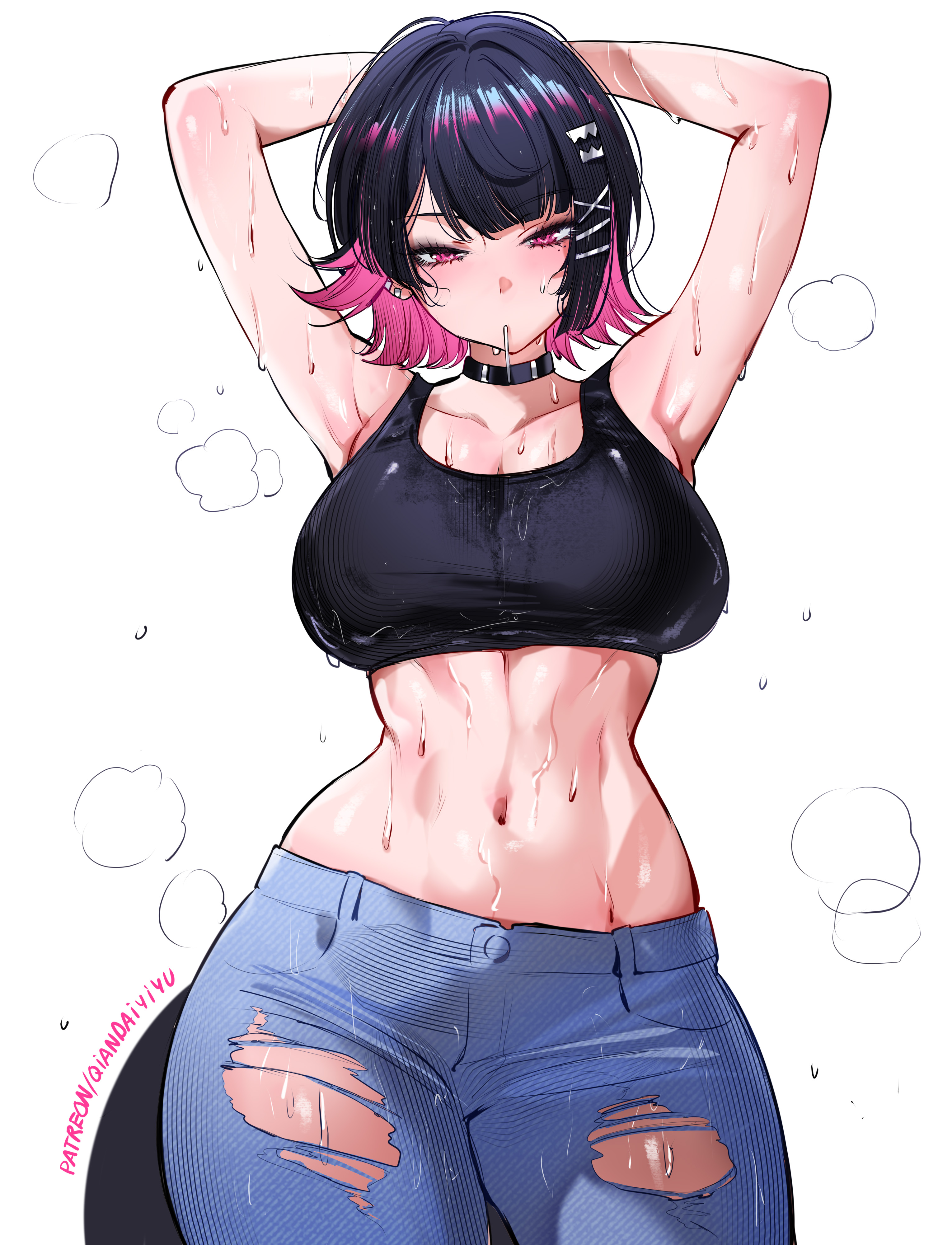 1girls, ai generated, ellen joe, female, female only, hourglass figure, standing, sweat, voluptuous, wide hips, zenless zone zero