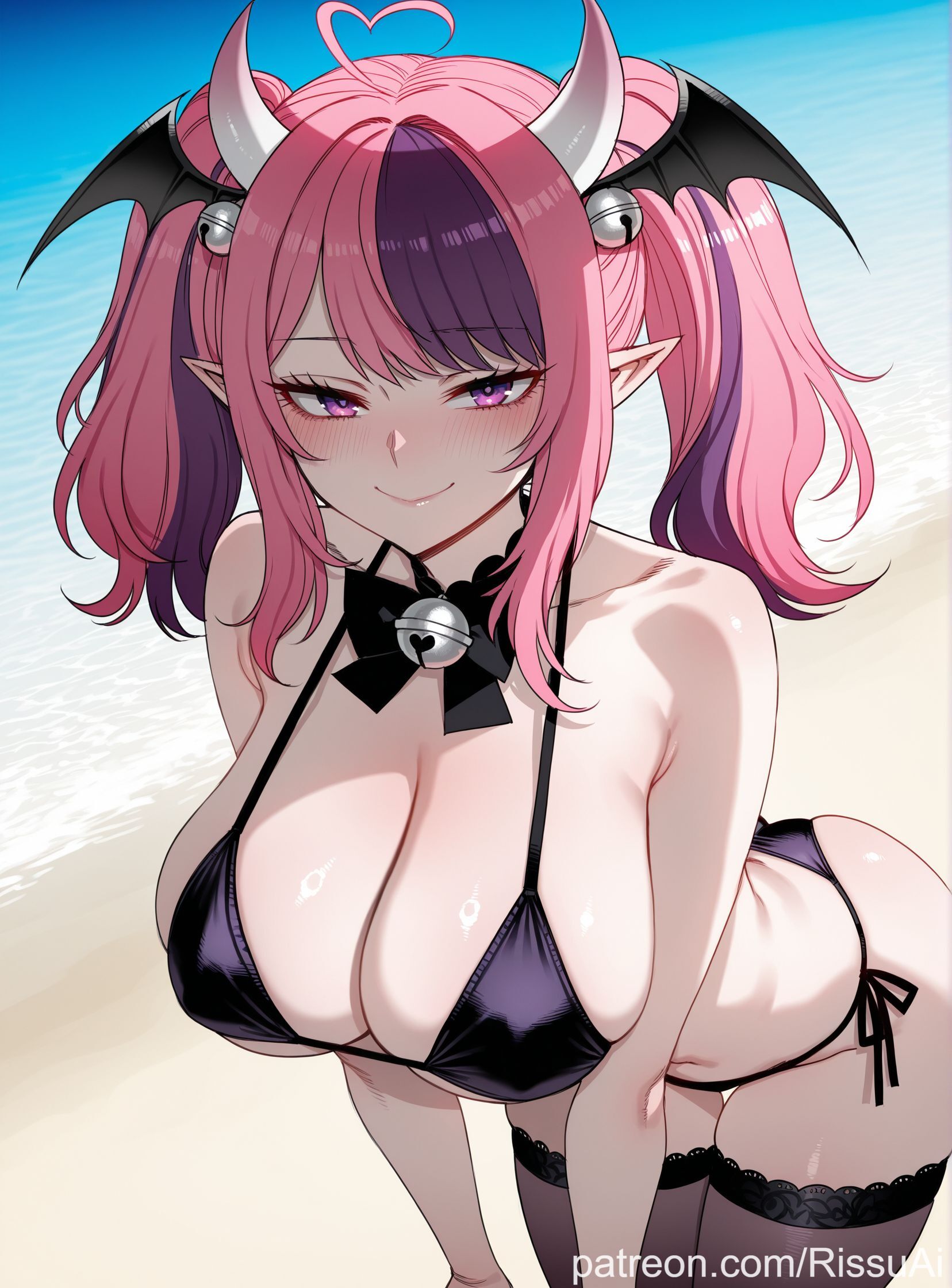 1girls, ahoge, ai generated, bare shoulders, beach, bell, big ass, big breasts, bikini, blush, bow, day, demon horns, female, female only, hair ornament, heart ahoge, horns, ironmouse, large breasts, medium hair, multicolored hair, neck bell, pale skin, pale-skinned female, patreon, pink hair, pointy ears, purple eyes, purple hair, rissuai, sand, seductive, seductive eyes, seductive female, seductive look, sexy, sexy body, sexy pose, streaked hair, summer days, swept bangs, thighs, twintails, virtual youtuber, vtuber