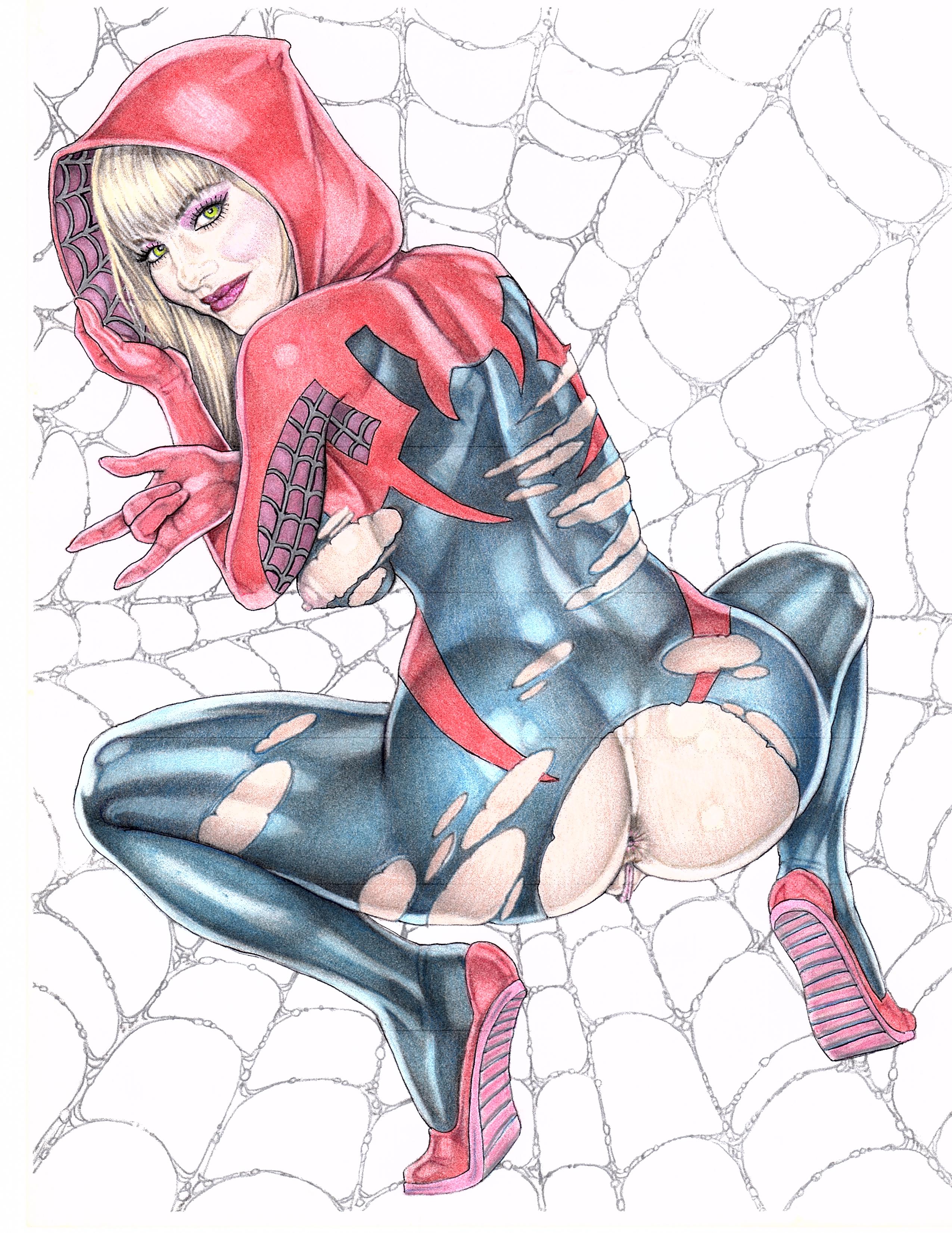 actress, anus, armando huerta, ass, big ass, blonde hair, blue eyes, bodysuit, breasts, celebrity, darkmatter, emma stone, eyebrows, eyelashes, female, female only, green eyes, gwen stacy, hood, hoodie, large ass, large breasts, legs, lips, long hair, looking at viewer, marvel, marvel comics, nipples, pussy, shoes, sideboob, smile, solo, spider web, spider-gwen, spider-man (series), thighs, torn clothes, vagina, web