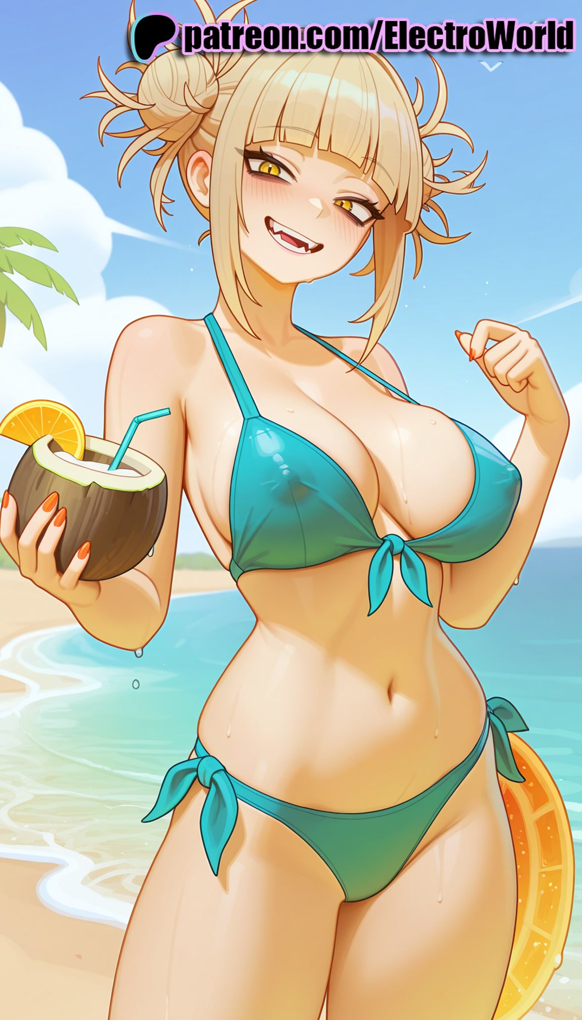 1girls, 2025, ai generated, artist name, bangs, beach, bikini, blonde hair, blonde-haired female, blue nails, blue sky, blunt bangs, boku no hero academia, breasts, bust, chest, cloud, cup, day, double bun, electroworld, fangs, female, food, fruit, green nails, hi res, high quality, high resolution, highres, himiko toga, holding, holding plate, horizon, looking at viewer, my hero academia, nail polish, navel, ocean, outdoors, patreon, patreon username, plate, red nails, side-tie bikini, sky, smile, solo, stable diffusion, swimsuit, toga himiko, watermark, watermelon, yellow eyes