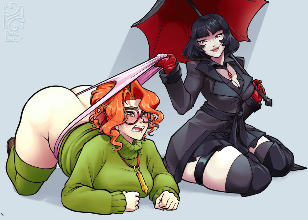2025, 2girls, ass, ass up, black hair, blush, breasts, cleavage, deadlock, green eyes, mina (deadlock), mina ha, necklace, no pants, open mouth, orange hair, paige (deadlock), panties, panty pull, pink panties, ponytail, red eyes, red hair, renderp3, skindentation, skirt, sweat, sweater, tagme, thick thighs, thigh boots, thighhighs, thighs, top-down bottom-up, turtleneck, umbrella, vampire, vampire girl, watermark, wedgie