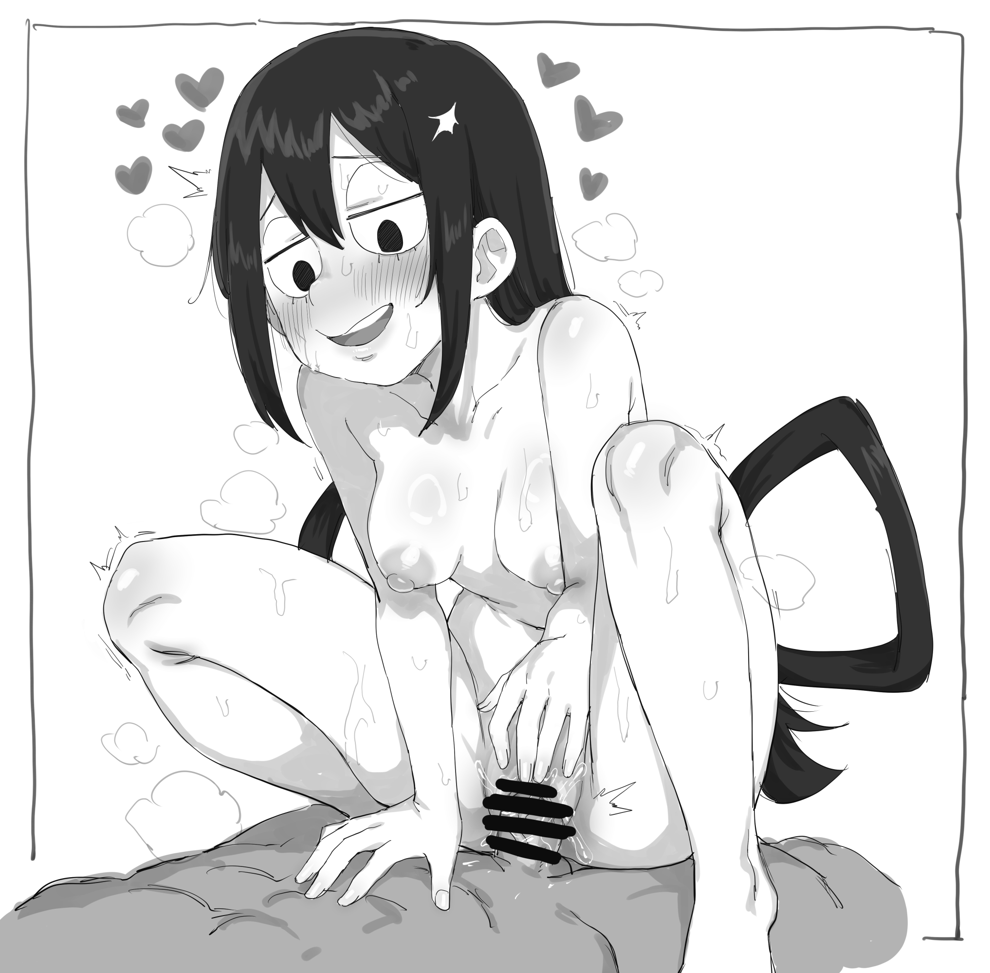 artist request, completely nude, completely nude female, cowgirl position, my hero academia, nipples, nude, penis, pussy, spread legs, tagme, tsuyu asui, vaginal penetration, vaginal sex
