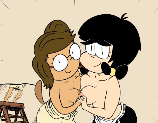 2girls anthro asymmetrical_docking black_hair black_skirt breast_press breasts brown_hair cartoon_network clothes_down clothing crossover dark_brown_hair eileen_roberts female female_only glasses interlocked_fingers multiple_girls nipples regular_show small_breasts smile tina tina's_groove tina_(tina's_groove) topless_female trait_connection waist_apron waitress zeigram