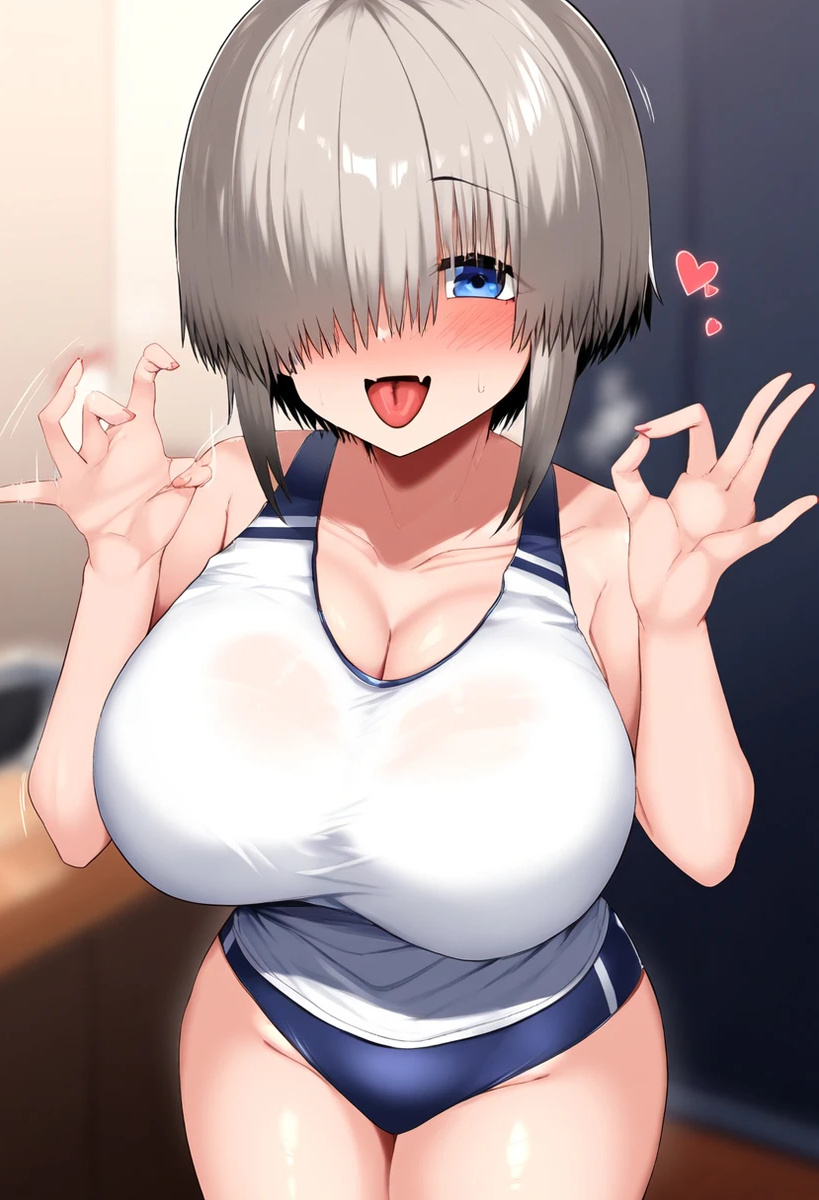 ai_generated artist_request blue_eyes blush gigantic_breasts grey_hair hair_over_one_eye huge_breasts light-skinned_female light_skin looking_at_viewer massive_breasts short_hair shortstack solo_female squatting sweat sweatdrop swimsuit thick_body thick_female tongue_out uzaki-chan_wa_asobitai! uzaki_yanagi voluptuous voluptuous_female