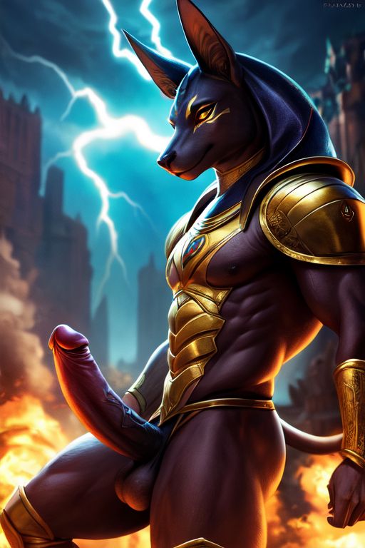 ai_generated anubis balls brown cock erect furry gold_(metal) muscular pointed_ears semi-naked semi-nude tail