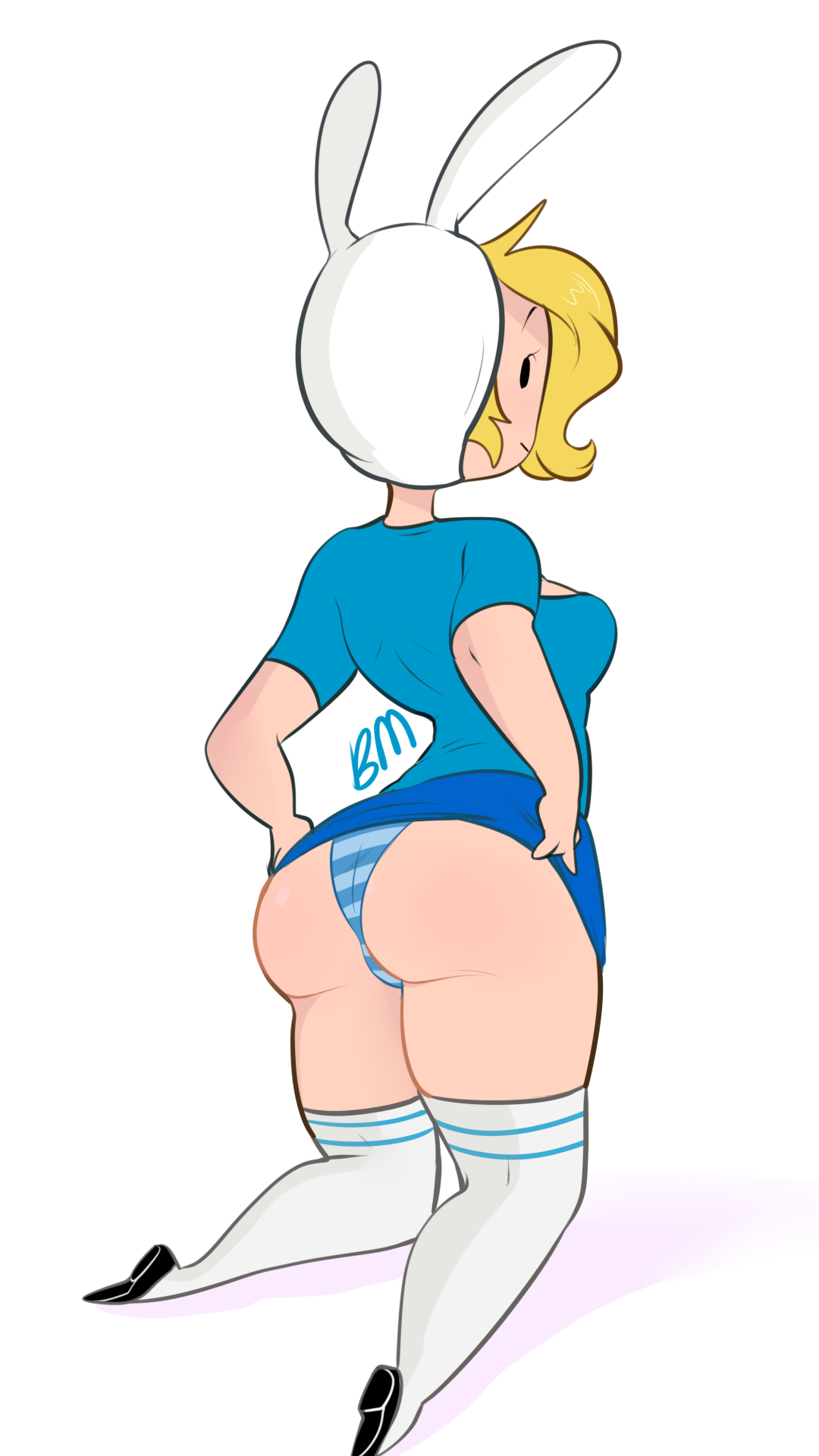 adventure time, ass, back view, black eyes, blonde hair, blushmallet, breasts, cartoon network, female, female focus, female only, fionna the human girl, panties, solo, striped, striped panties, thighs