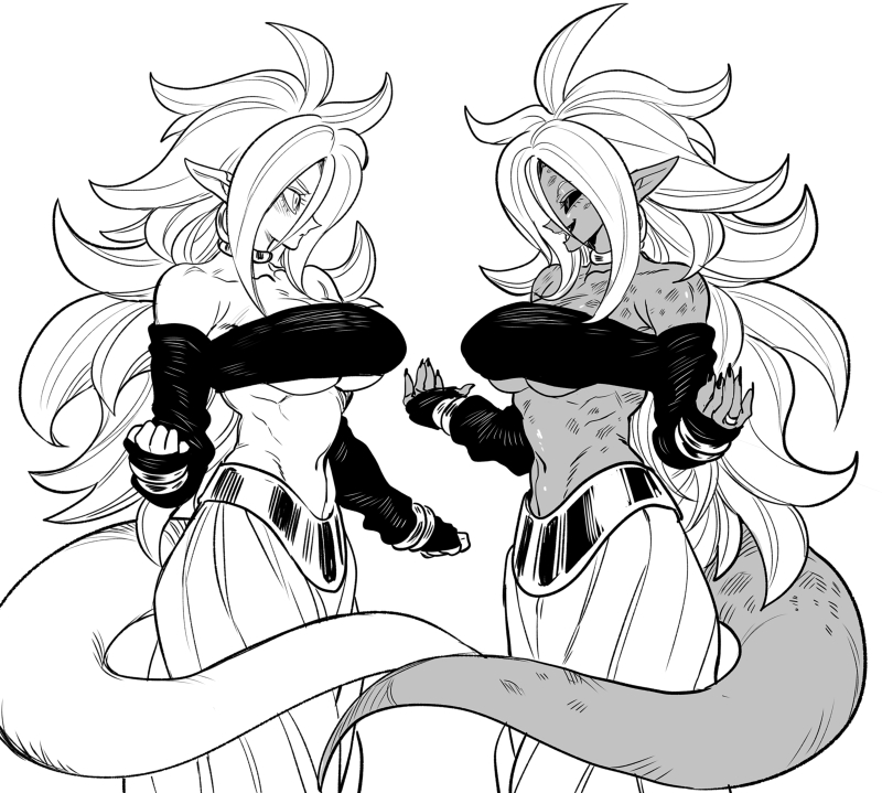 2girls android android_21 corelessmoter dragon_ball dragon_ball_fighterz huge_breasts tagme tail