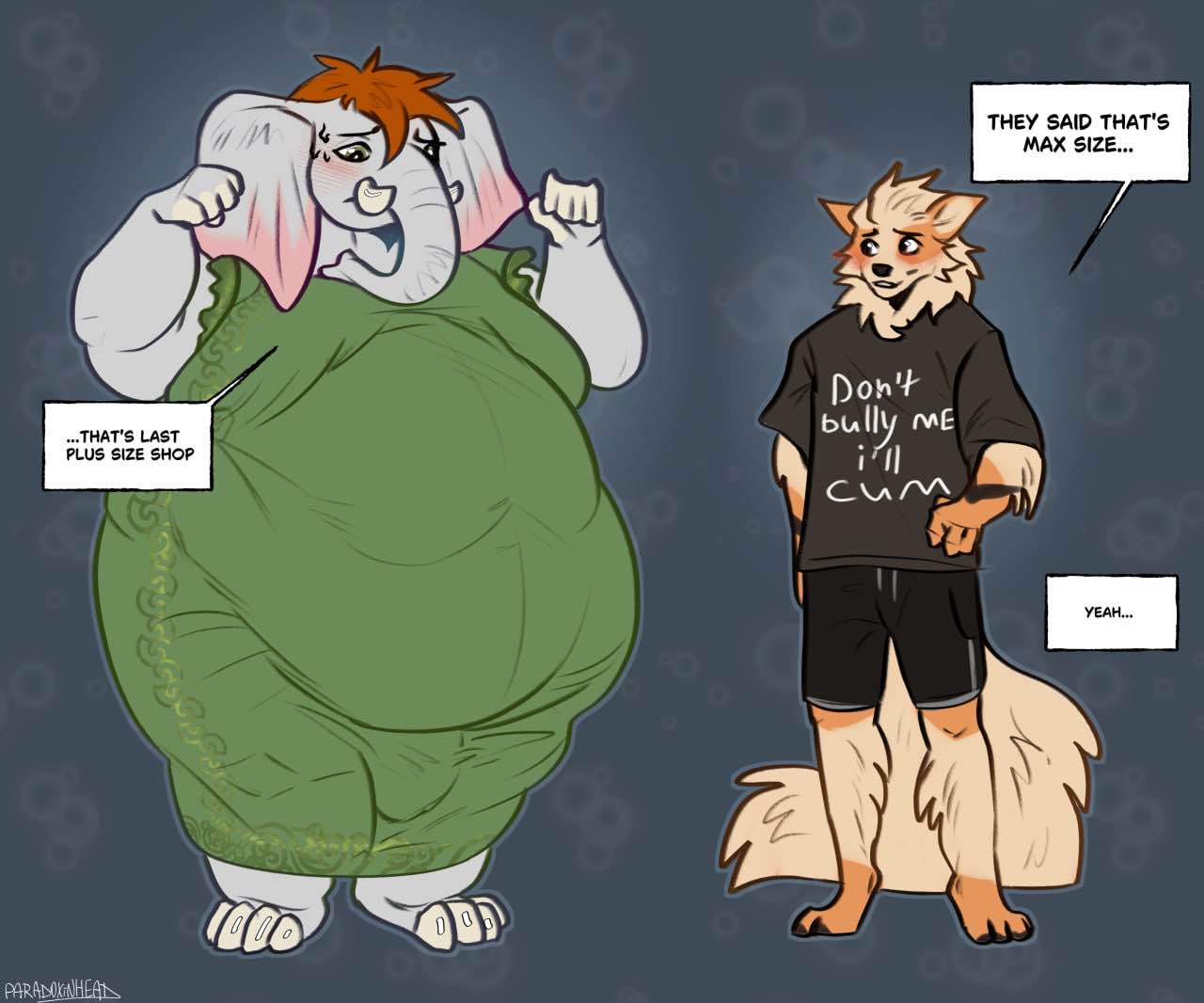 ambiguous_gender anthro arcanine belly big_belly duo elephant elephantid english_text female generation_1_pokemon humor joke larger_clothed male male/female mammal nintendo obese overweight paradoxinhead pokemon pokemon_(species) proboscidean speech_bubble text