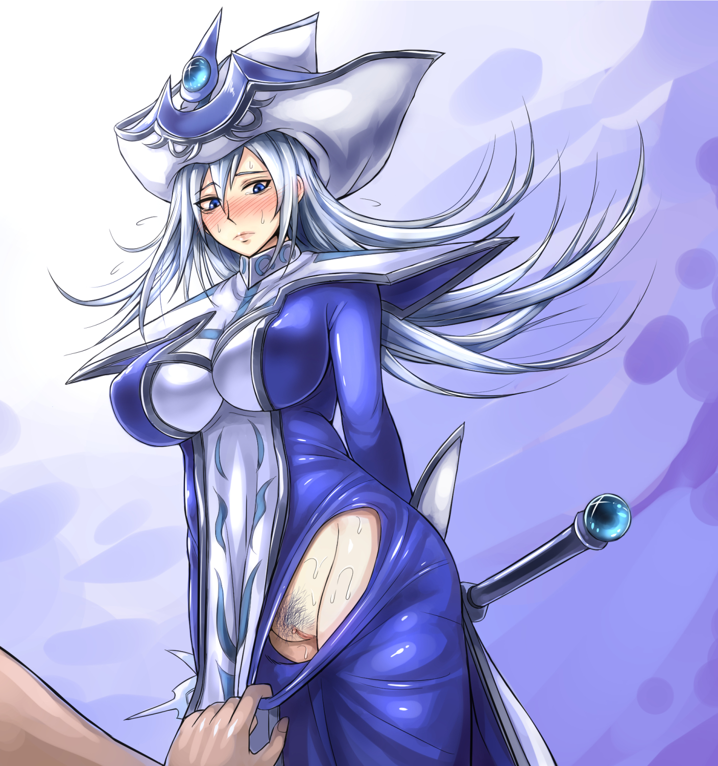 assisted exposure, blue eyes, blush, breasts, clitoris, dress, embarrassed, exposed pussy, female, hair, hat, headgear, highres, large breasts, long hair, mound of venus, no panties, pubic hair, pussy, shoulder pads, silent magician, solo, staff, sukumo (kemutai), sweat, uncensored, yu-gi-oh!