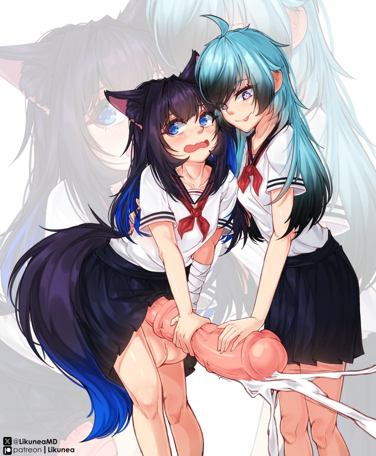 big_penis black_hair blue_eyes blue_hair cat_ears cum_drip cumming cumshot cyan_hair enormous_penis equine_genitalia equine_penis female female_focus female_only futanari holding_penis horsecock likunea messy neko orgasm precum shy sperm veiny_penis