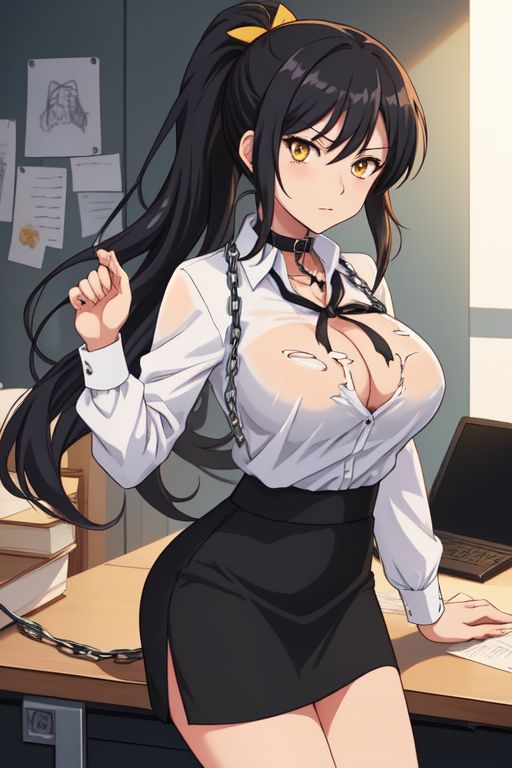 ai_generated aikawa_shuuko big_breasts black_hair ecstas_online golden_eyes office_lady ponytail torn_clothes yellow_ribbon