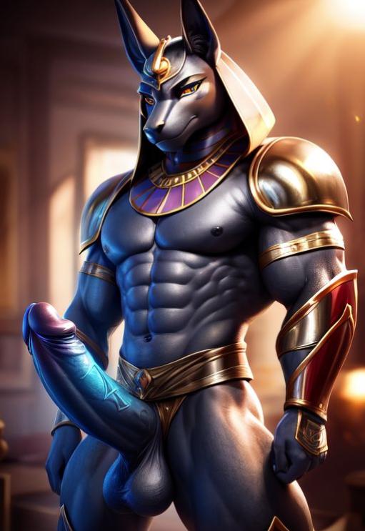 ai_generated anubis balls black bluish cock erect furry gold_(metal) muscular semi-naked semi-nude tint