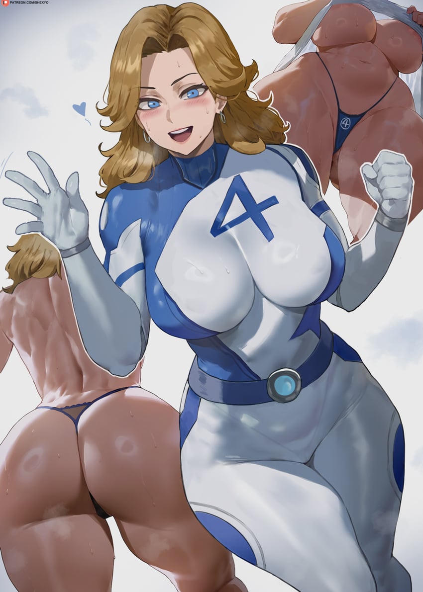 :d ai_assisted ass blonde_hair blue_eyes blue_panties blush bodysuit breasts clenched_hand commentary fantastic_four female from_behind from_below gloves gradient_background grey_background heart highres invisible_woman invisible_woman_(marvel_rivals) large_breasts long_hair looking_at_viewer marvel marvel_rivals medium_hair multiple_views open_mouth panties patreon_logo patreon_username shexyo smile standing sue_richards sue_storm teeth topless underboob underwear upper_teeth_only white_bodysuit white_gloves