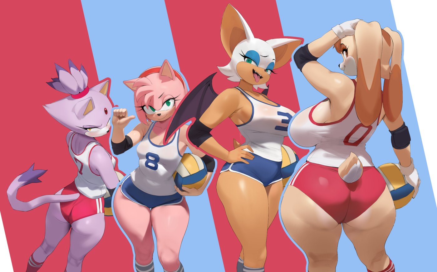 4girls, amy rose, anthro, anthrofied, ass, back view, backboob, bat, bent over, big ass, big breasts, blaze the cat, blush, breasts, bubble ass, bubble butt, busty, cleavage, clothed, clothing, curvaceous, curvy, curvy figure, digital media (artwork), domestic cat, eulipotyphlan, eyebrows, eyelashes, felid, feline, female, female focus, female only, gem on forehead, glistening, glistening body, gloves, green eyes, group, hedgehog, hourglass figure, lagomorph, large breasts, leporid, looking at viewer, looking back, mammal, mature female, milf, mobian (species), pink body, pink fur, purple body, purple fur, pussy, red eyes, rouge the bat, sega, sideboob, small breasts, smewed, sonic (series), sonic the hedgehog (series), tagme, thick thighs, thighs, uniform, vanilla the rabbit, video games, volleyball, volleyball (ball), volleyball uniform, white hair, wide hips, yellow body, yellow fur