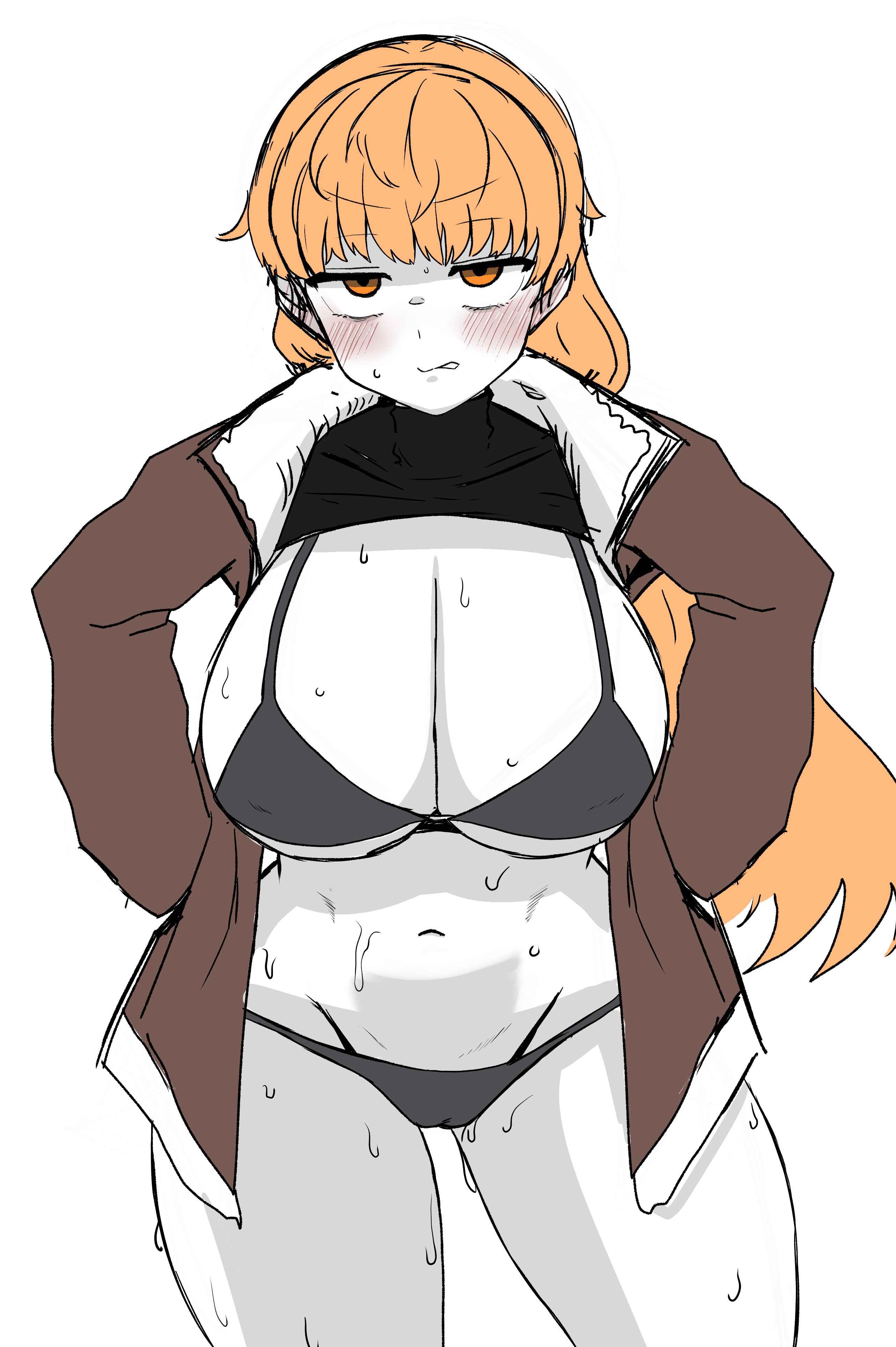 angry, annoyed, big breasts, bikini, blonde hair, blush, bomber jacket, cameltoe, cleavage, curvy, embarrassed, fear and hunger, fear and hunger: termina, female, female only, hands in pockets, hasuyog, hourglass figure, huge breasts, jacket, karin (fear and hunger), long hair, looking at viewer, open jacket, ponytail, shirt up, solo, sweat, thick thighs, turtleneck, white body, white skin, wide hips, yellow eyes