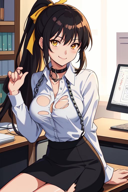 ai_generated aikawa_shuuko big_breasts black_hair ecstas_online golden_eyes office_lady ponytail torn_clothes