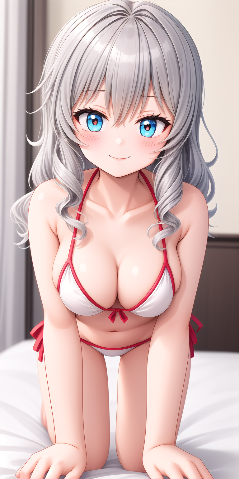 all_fours blue_eyes breasts gray_hair nao_tomori slight_smile white_bikini white_bikini_with_red_border