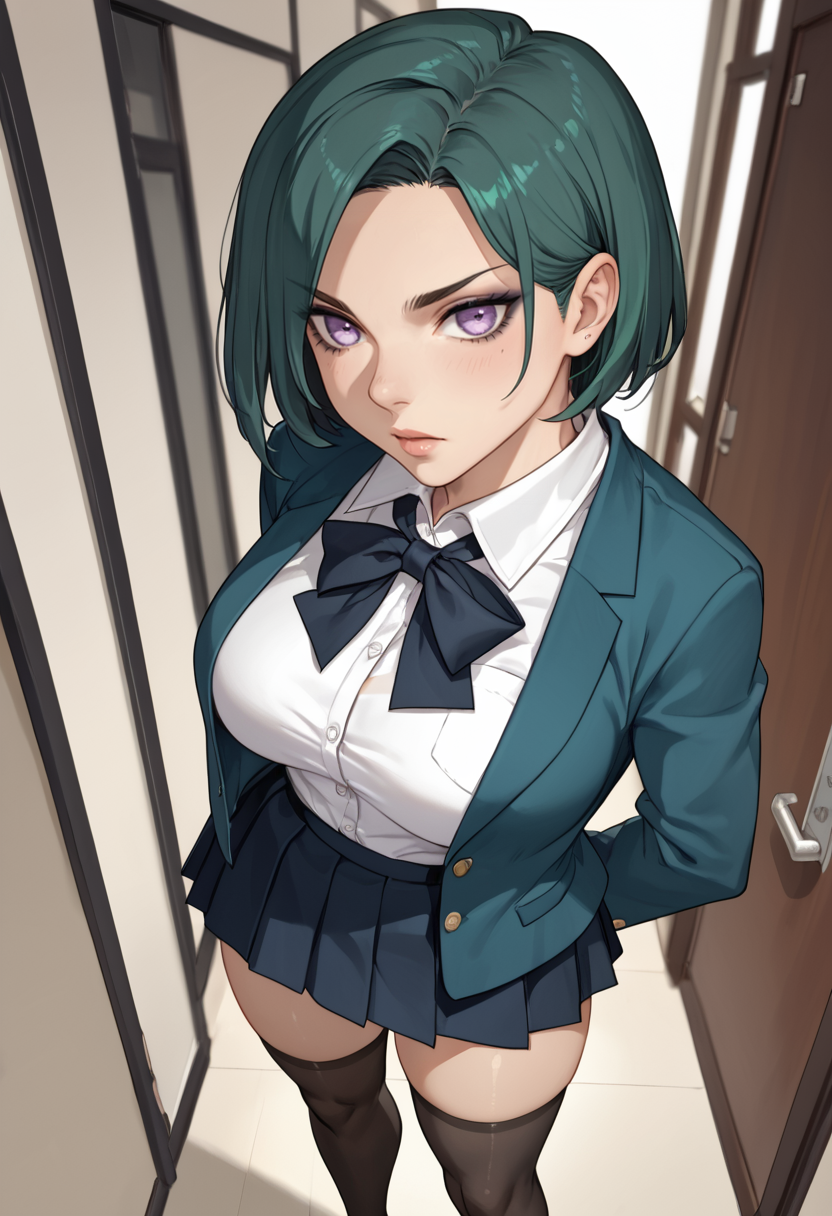 ai_generated bowtie cecile_(unordinary) female green_hair large_breasts skirt unordinary