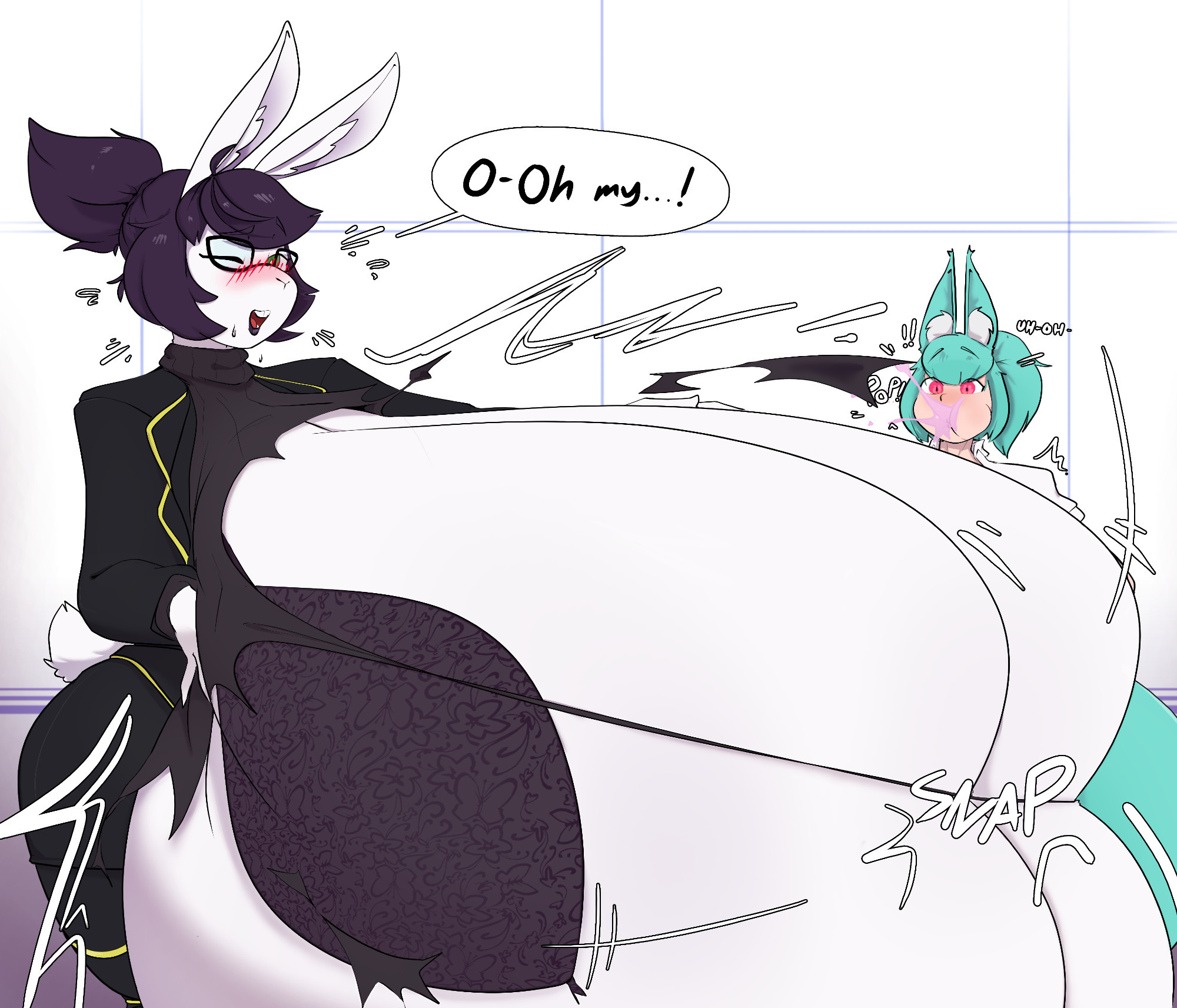 2girls, alyssa (busmansam), big breasts, breast expansion, breast growth, breast growth (enlargement), breasts, evelyn loppe, female, furry, hell is real (artist), huge breasts, hyper breasts, tagme, thick thighs, wide hips