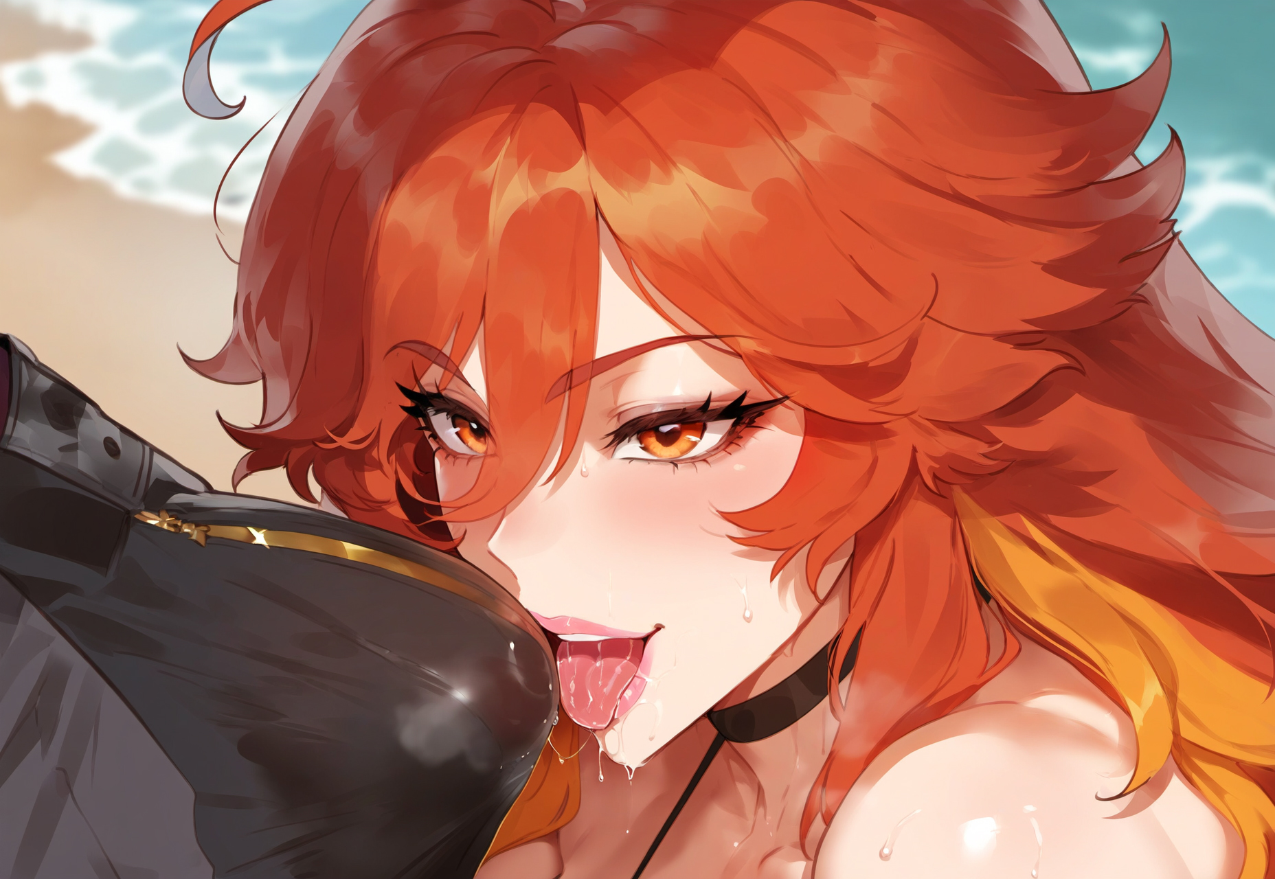 1boy, 1girls, ahoge, ai generated, bangs, bare shoulders, beach, bikini, black choker, blush, breasts, bulge, choker, cleavage, clothing, curvaceous, curvaceous female, curvaceous figure, curvy, curvy figure, dark skin, day, erection, erection under clothes, fellatio, fellatio over clothes, female, female focus, genshin impact, hair between eyes, hoyoverse, large breasts, licking, long hair, looking at viewer, makeup, male, mavuika (genshin impact), miyuai, multicolored hair, nipples, ocean, open mouth, oral, orange eyes, orange hair, outdoors, penis, red eyes, red hair, saliva, sky, solo focus, straight, sweat, swimsuit, tongue, tongue out, voluptuous, voluptuous female, yellow eyes
