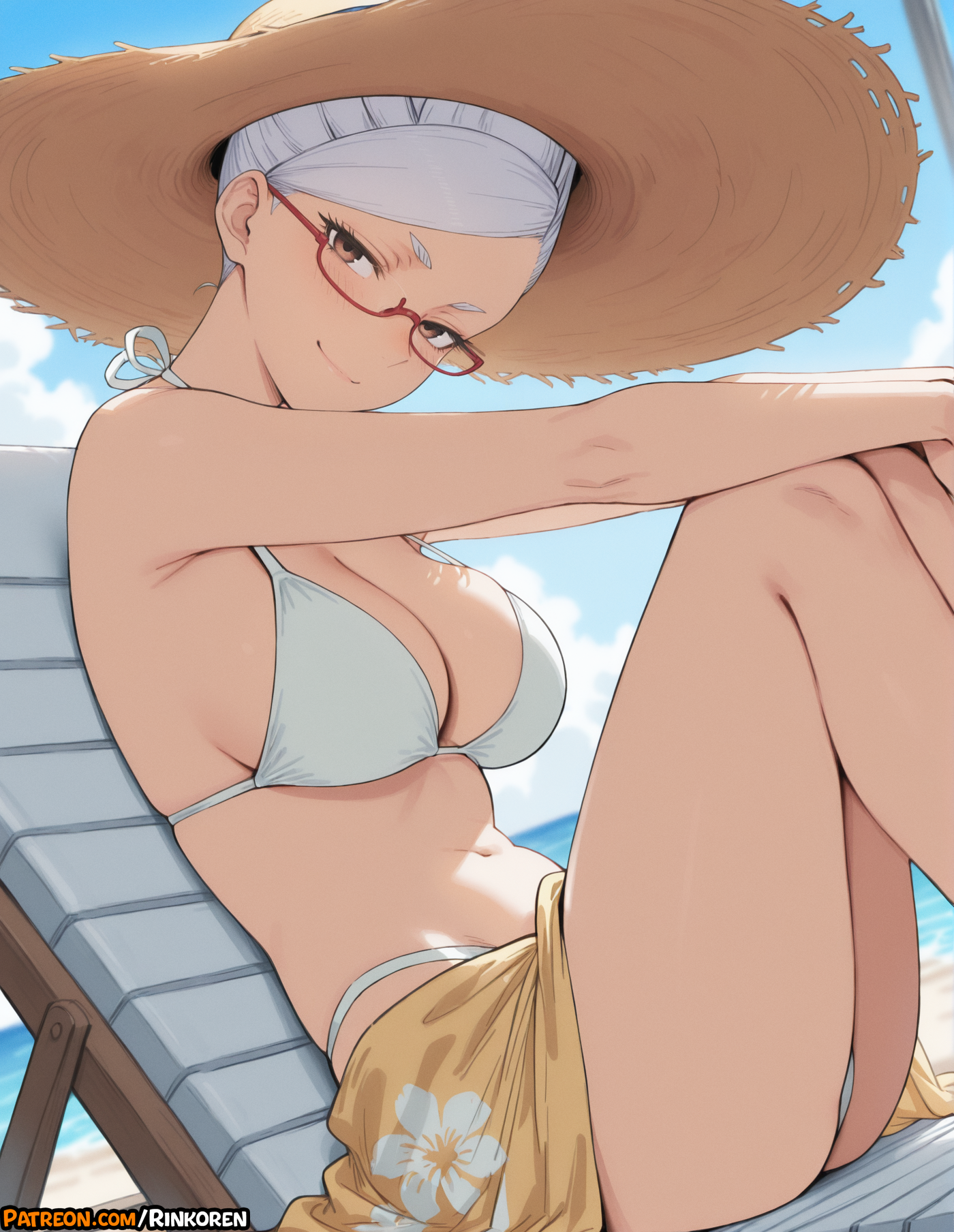 2025, ai assisted, ai generated, anime, anime girl, anime style, artist name, ayase seiko, bare shoulders, beach, bikini, blue sky, breasts, brown eyes, cleavage, closed mouth, dandadan, day, female, floral print, glasses, halterneck, hat, hi res, high quality, high res, high resolution, highres, knees up, large breasts, looking at viewer, navel, outdoors, patreon, patreon username, red-framed eyewear, rinkoai, sarong, semi-rimless eyewear, sitting, sky, smile, solo, straw hat, sun hat, swimsuit, thighs, uncensored, watermark, white bikini, white hair