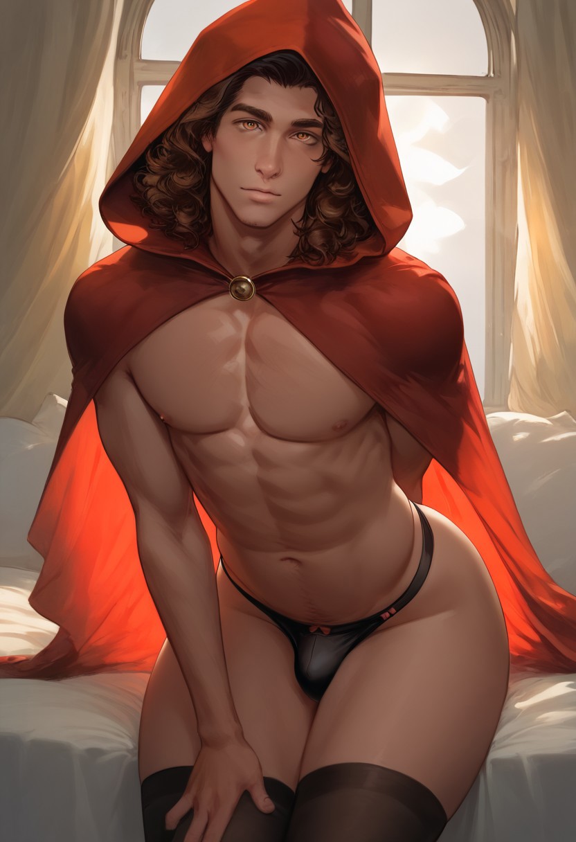 ai_generated ass big_ass big_butt black_legwear black_panties black_thighhighs bow bow_panties boy brown_hair bubble_ass bubble_butt bulge cape cloak cowl curtains hazel_eyes hood hooded_cloak indoors looking_at_viewer male male_focus navel nylons on_bed panties panty_bulge plump_ass red_hood red_riding_hood_(cosplay) round_ass round_butt sitting solo stockings tallcallipygian tcallipygian thick_thighs thigh_highs thighhighs thighs underwear window