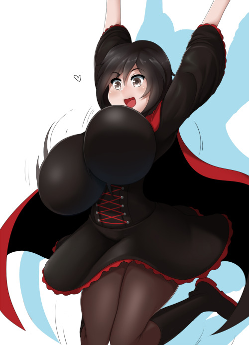 1girls, bimbo, black hair, blush, boots, bouncing breasts, breast focus, breasts, busty, cloak, clothed, dress, female, female only, hands up, happy, huge breasts, jumping, ruby rose, rwby, sinensian, solo, stockings, thick thighs, thin waist, voluptuous, white skin
