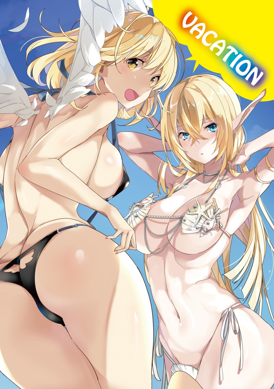 2girls angel beach big_ass big_breasts blonde_hair blue_eyes ecstas_online elf forneus satanachia shell_bikini sling_bikini slingshot_swimsuit summer taira_tsukune yellow_eyes