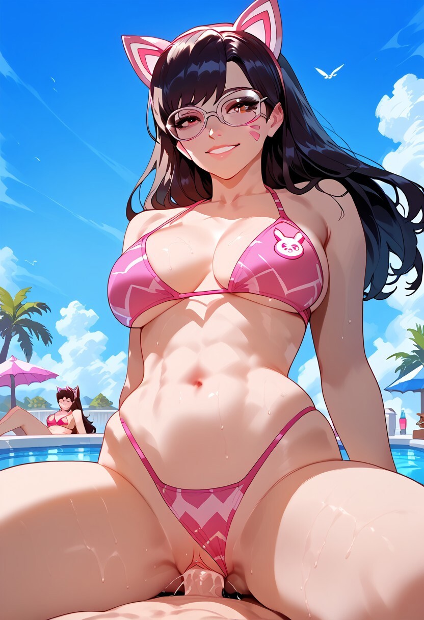 1boy, 1girls, ai generated, bikini, cowgirl position, d.va, female, fit, fit female, male, mixoai, naughty face, overwatch, overwatch 2, patreon, pool, riding, sex